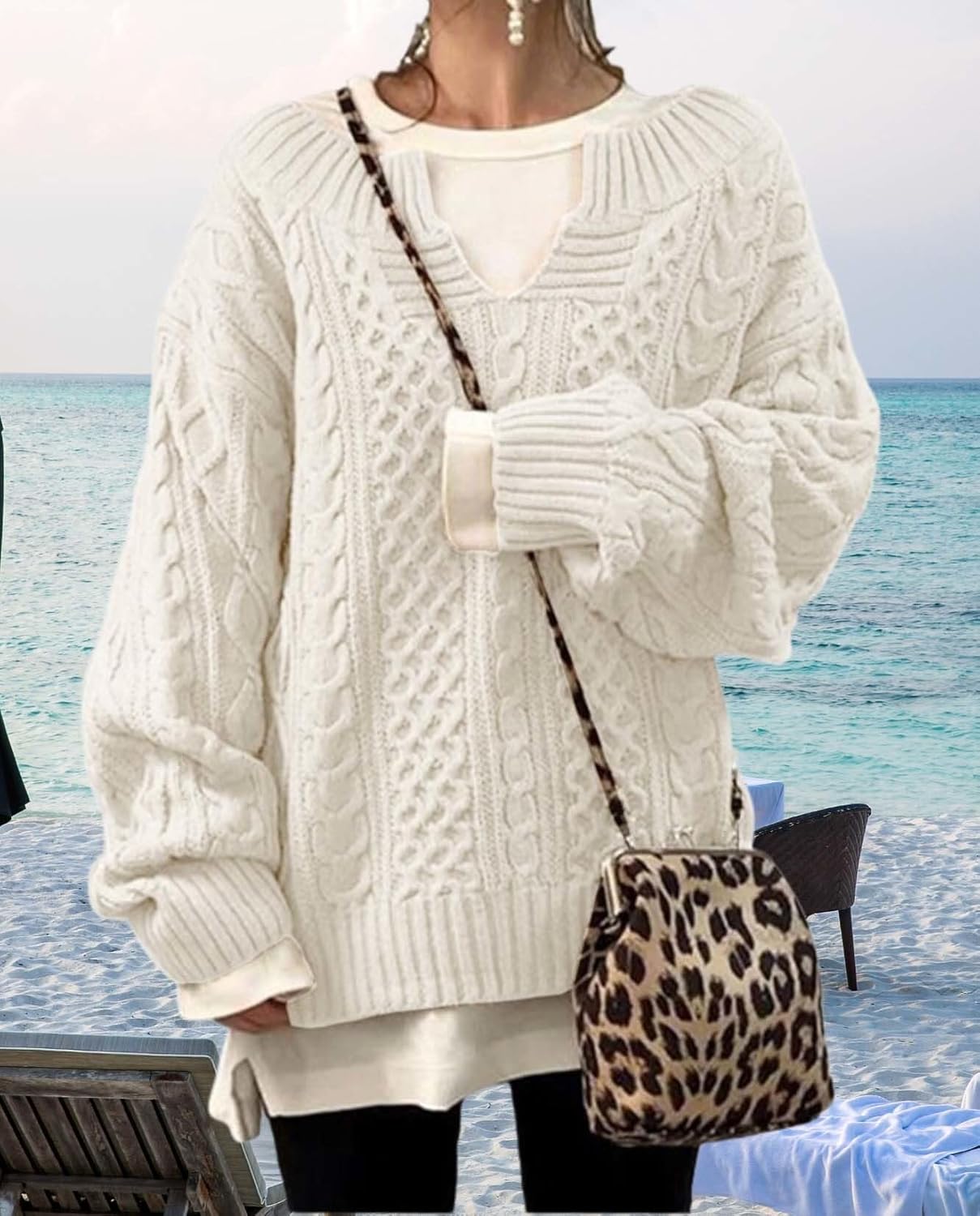 Womens Winter Chunky V Neck Long Sleeve Loose Knit Pullover Sweater Fashion Knit Casual Knit Sweater - Image 3