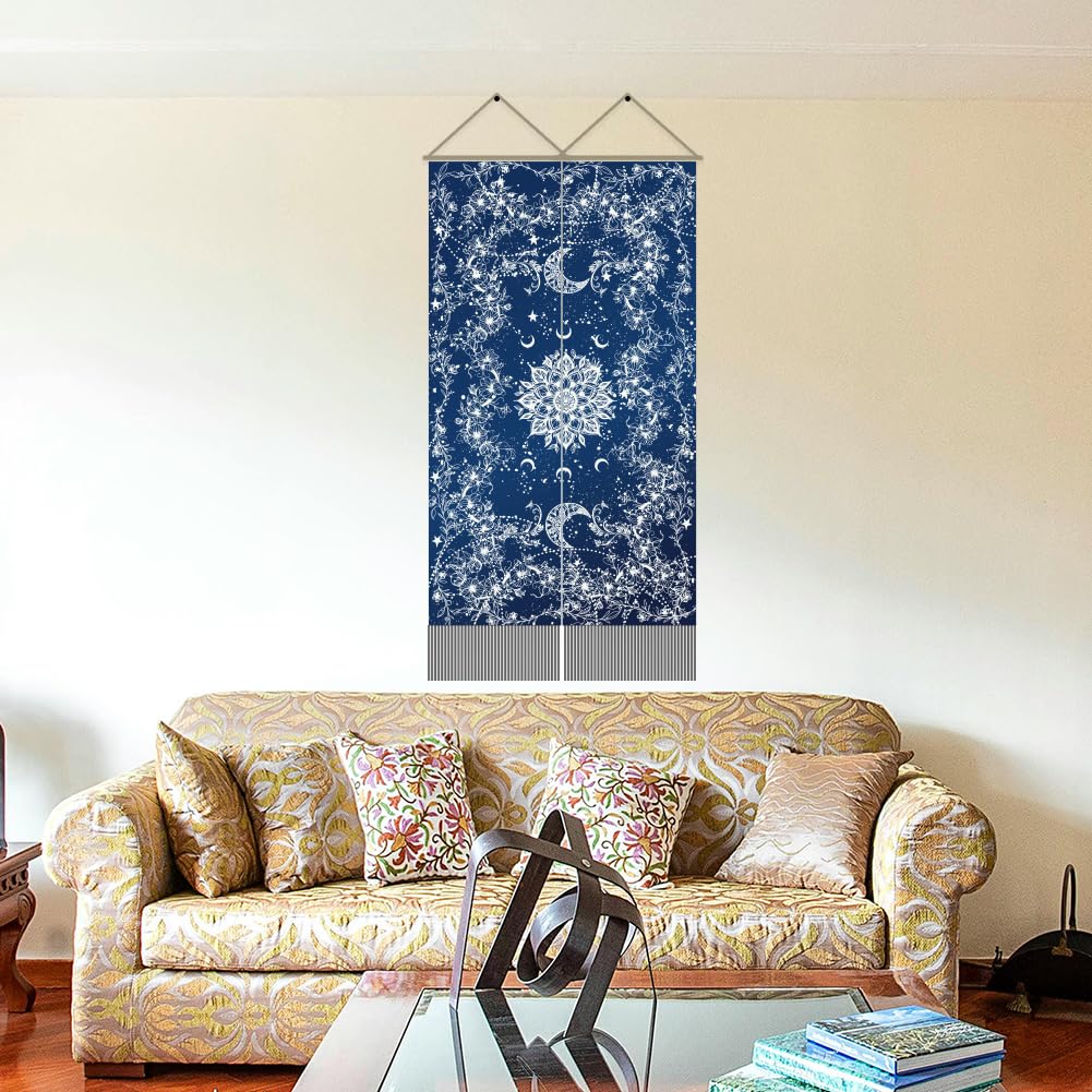 AHANDMAKER 2 tapices de mandala azul, tapiz vertical largo floral bohemio para colgar en la pared, tapiz de pared con borla de mandala indio, tapiz estético místico para dormitorio y sala de estar