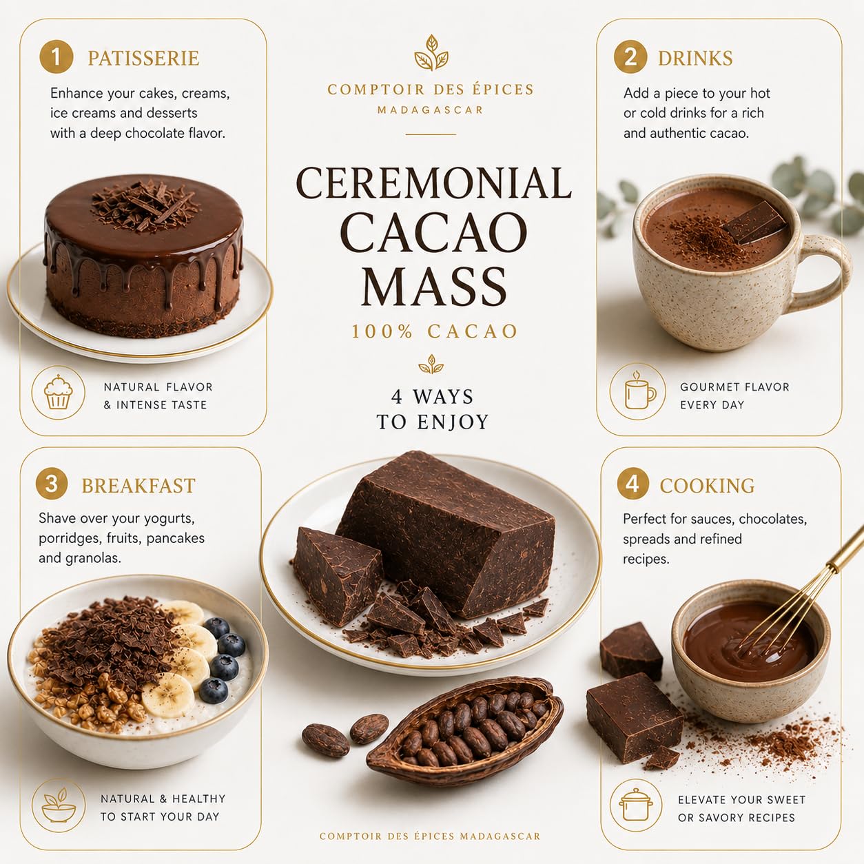 Masse de Cacao Cérémonial 500g – 100% Pur + Poudre Vanille Bourbon BIO 10g Offerte – Direct Producteur – Notre Coopérative – COMPTOIR DES EPICES MADAGASCAR