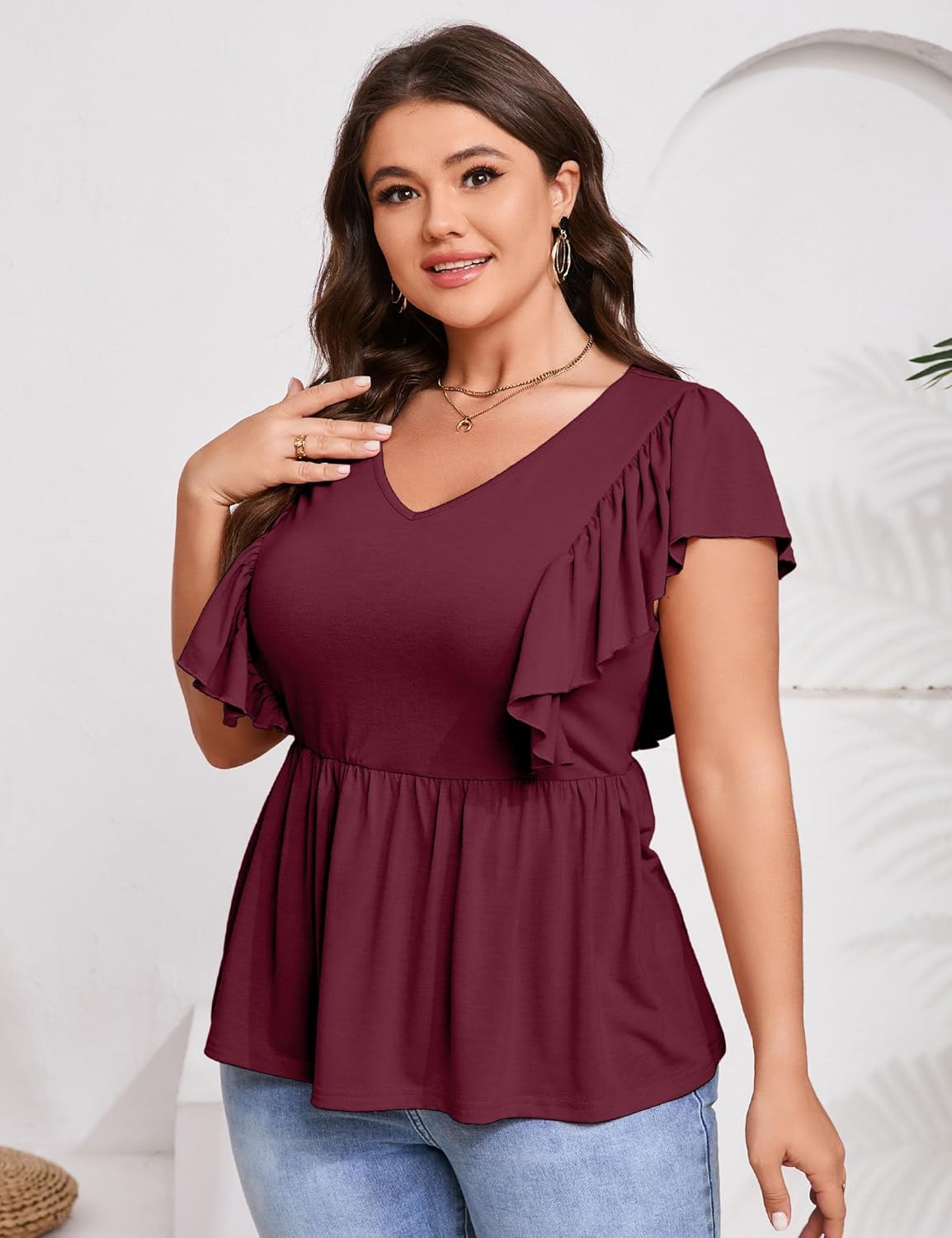 Womens Plus Size Peplum Summer Tops Short Sleeve Casual Blouse Ruffle V Neck T Shirts - Image 2