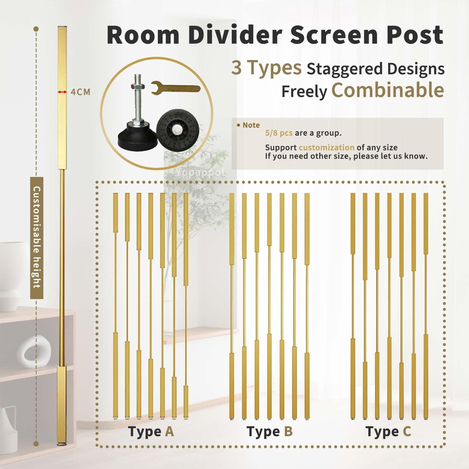 Separador de habitación de pared ajustable de 100-300 cm, partición de metal para oficina en casa, restaurante, decoración de entrada, paneles de privacidad independientes (5 piezas-A, 150 cm / 59in)