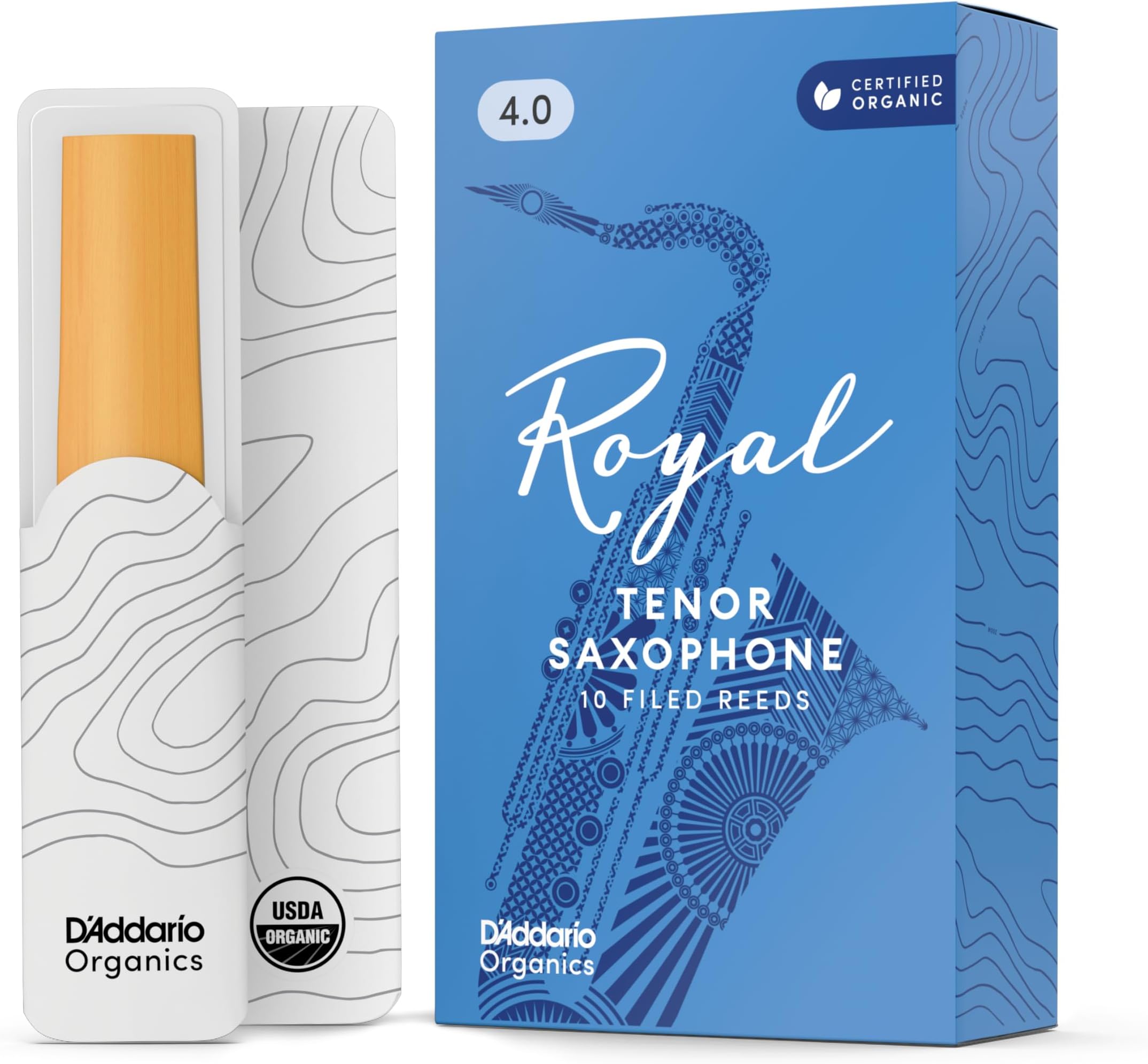 Rico D'Addario Woodwinds - Royal Tenor Saxophone Reeds - Tenor Sax Reeds with Strong Spine - Tenor Saxophone Reeds - Great for Classical or Jazz - Strength 4.0, 10-Pack