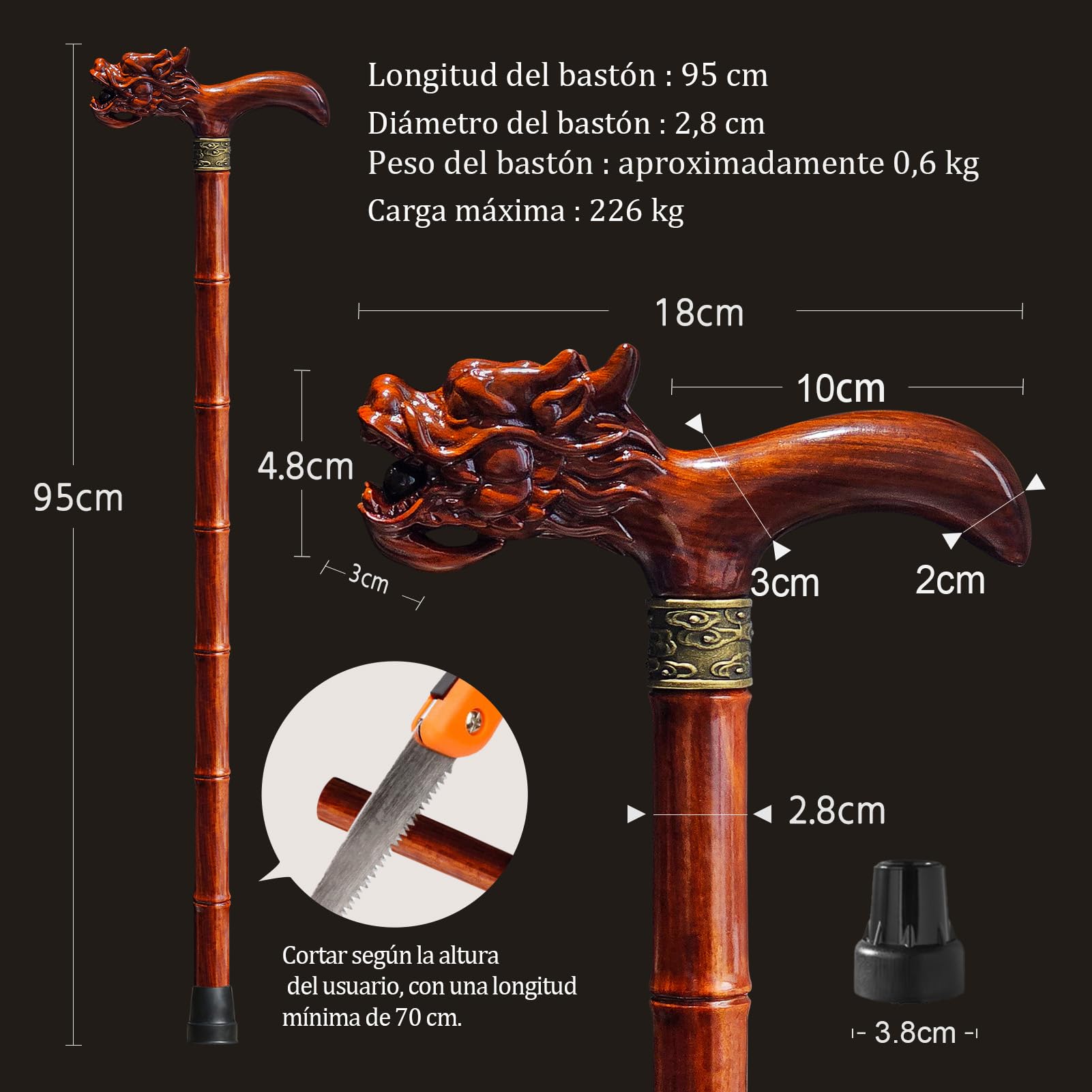 Bastón de Madera Tallado a Mano de para Hombre y Mujer, Diseño Ligero Que Soporta hasta 226 kg, Bastones para Personas Mayores, Adecuado para Regalar (Madera de Sándalo)