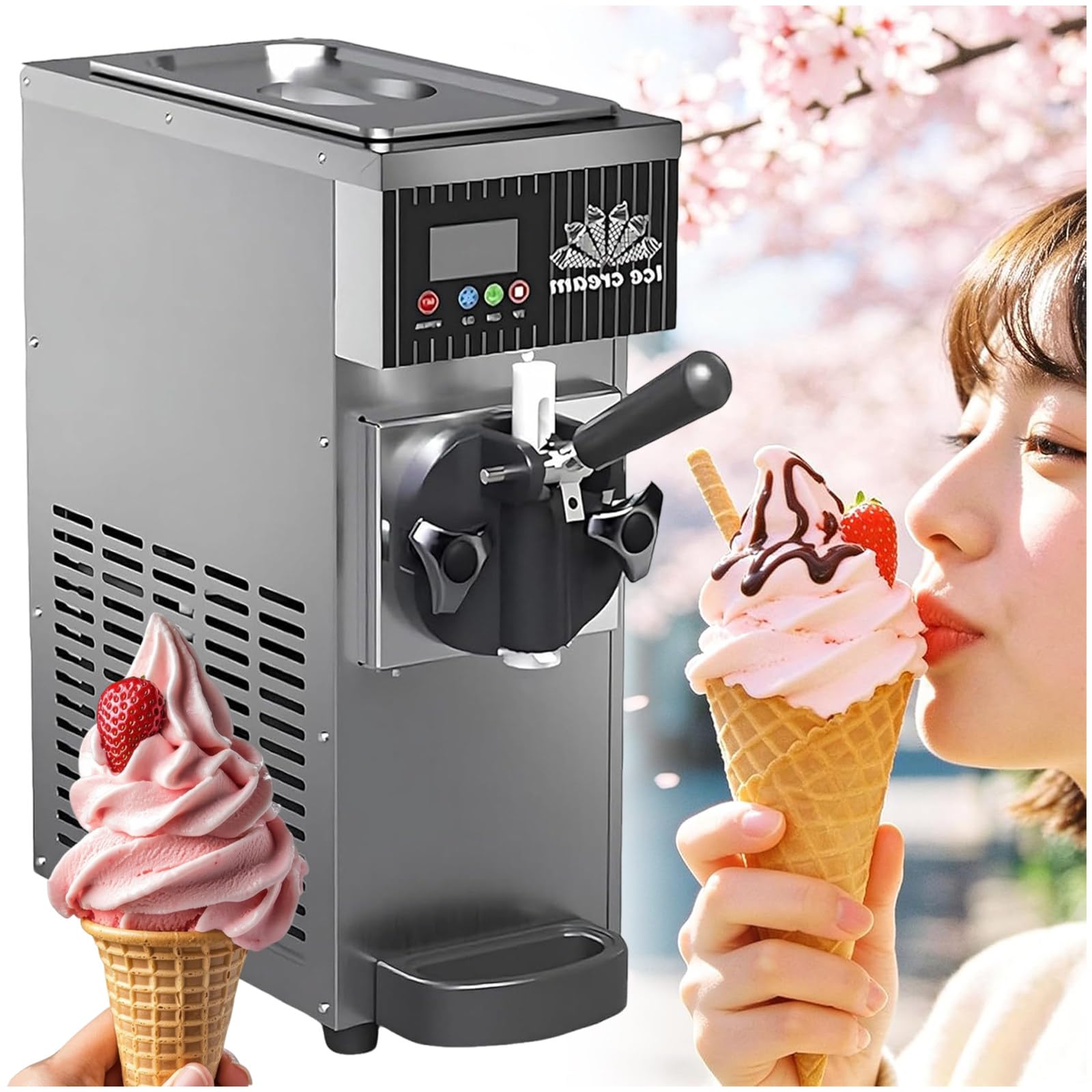 ZEEKYFOR Home Ice Cream Maker Machine with LCD Panel, Countertop Soft Serve Machine for Snack Restaurants Bars, Auto Clean 3.5L Metallic