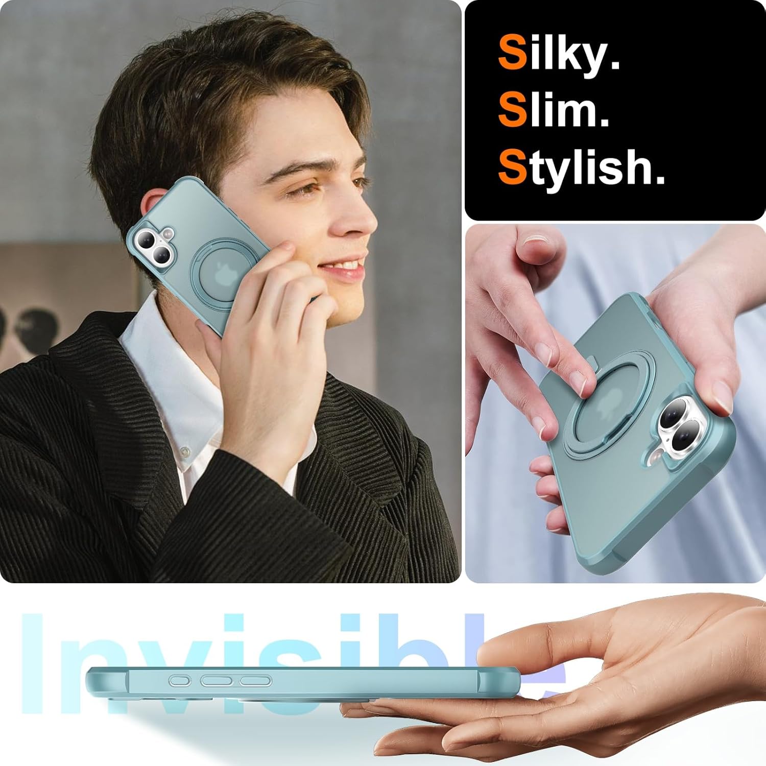 UMIONE 360° Rotatable Magnetic Ring Design for iPhone 16 Plus, Built-in Invisible Loop Stand, Compatible with Magsafe, Translucent Ultra Slim Military Grade Shockproof Case - Green - Image 6