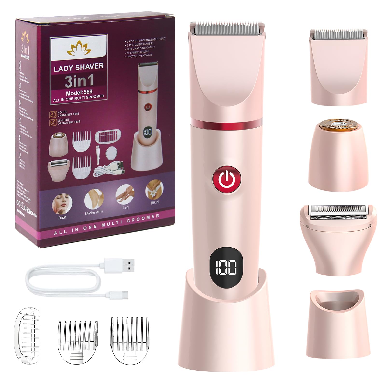 Rasoio Elettrico Donna, Rasoio Donna Inguine Elettrico, Rasoio Elettrico Corpo IPX6 Impermeabile,Rasoio Intimo Donna, Indolore Rasoio Parti Intime per Bikini, Ascelle, Braccio
