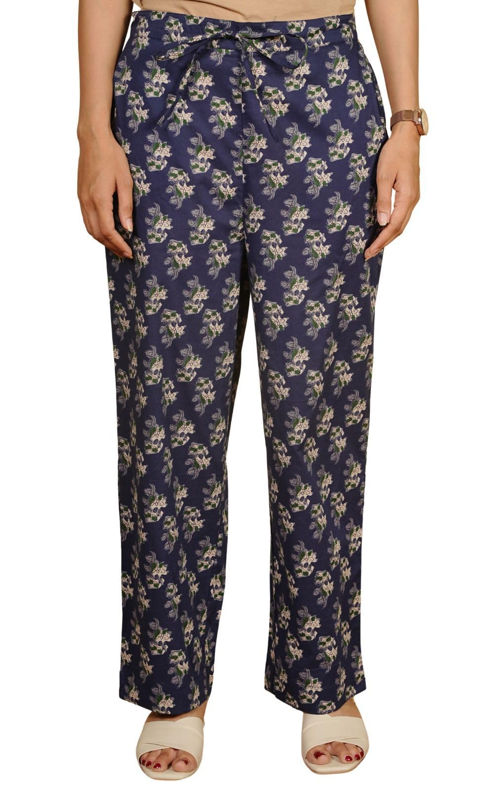 aramya Soft Cotton Navy Blue Floral Print Festival Wear Trousers for Women-picture-43