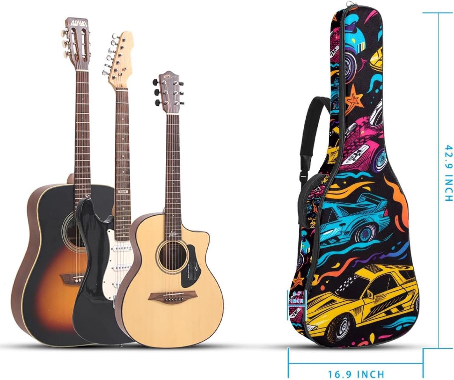 40 41 42 Inch Guitar Bags, Waterproof Padded Acoustic Guitar Case Backpack with Adjustable Shoulder Strap & Pockets, Colorful Racing Doodle Pattern