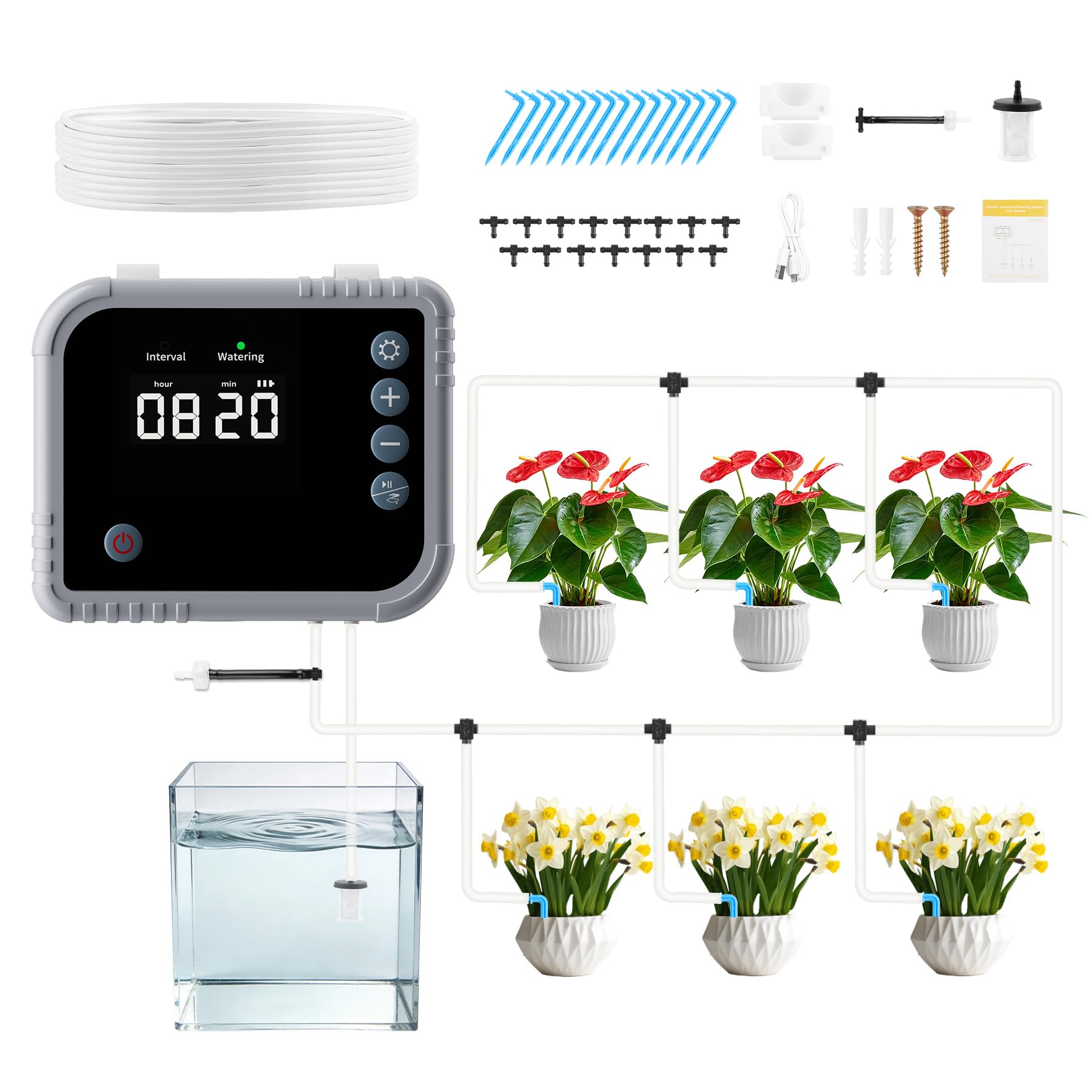 Forever Speed Automatic Watering System Indoor,USB Charging Plant Drip Irrigation Kit,Self Watering System for 15 Plants with LED Display $ Programmable Water Timer