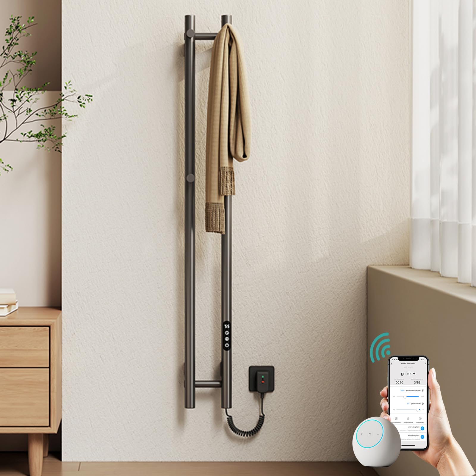 EMKE Elektryczny grzejnik na ręczniki, 1200 x 124 mm, designerski ogrzewacz na ręczniki ze sterowaniem aplikacją WiFi, grzejnik łazienkowy z 4 haczykami, 145 W, IP45, szary