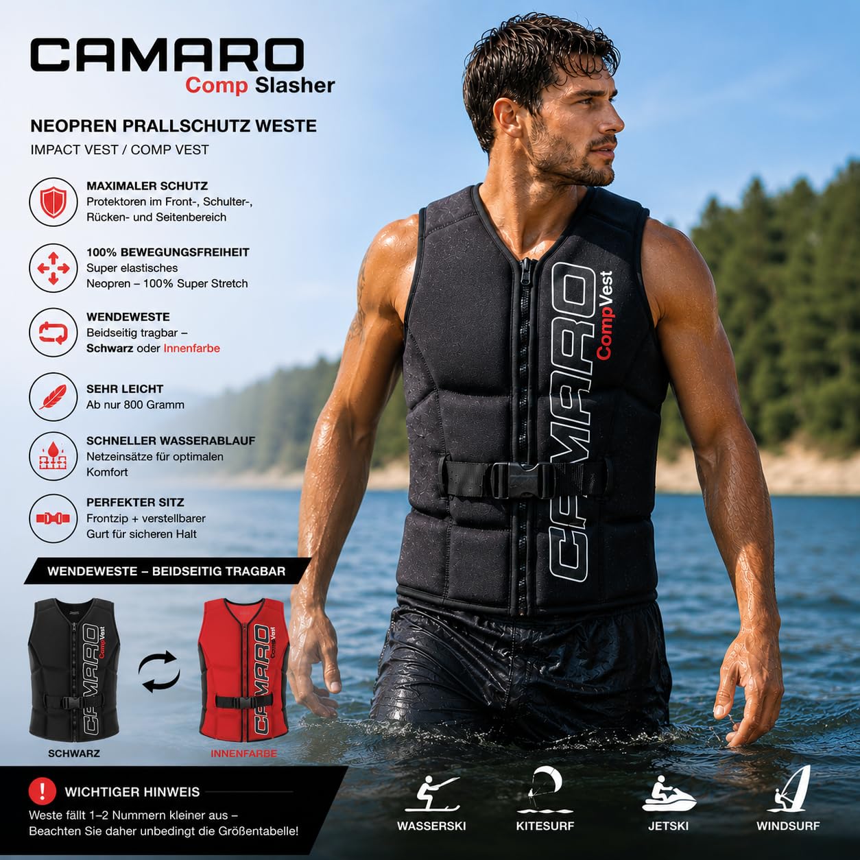 Camaro Comp Slasher - Parte superior de neopreno para wakeboard Kite esquí acuático hasta 6XL