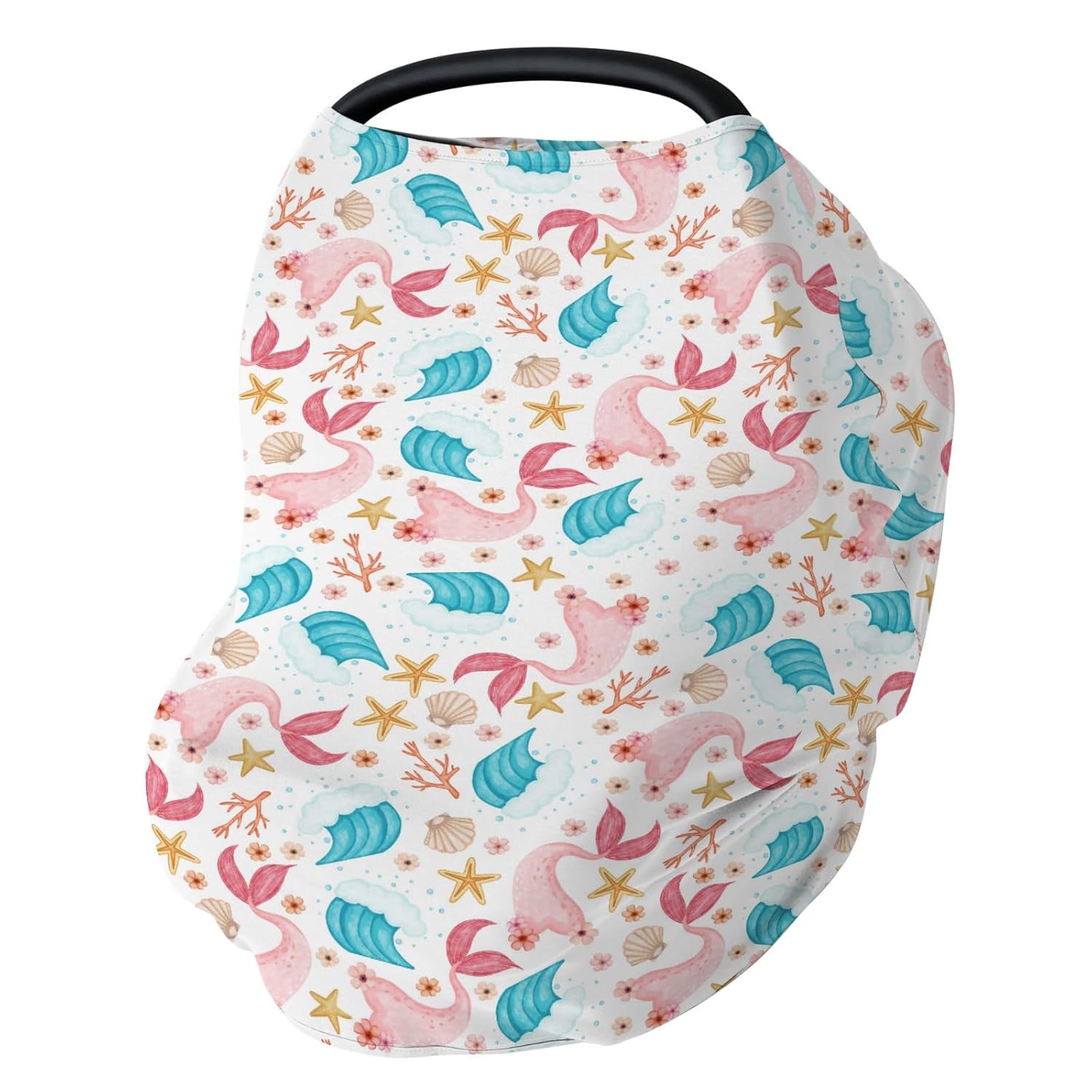 Cute Mermaids Car Seat Cover for Babies Mystical Mermaids Fishes Sea Horse Jellyfish Stretchy 5-in-1 Cover Adjustable Infant Carseat Cover Canopy Ocean Animals Breathable Nursing Cover-Up