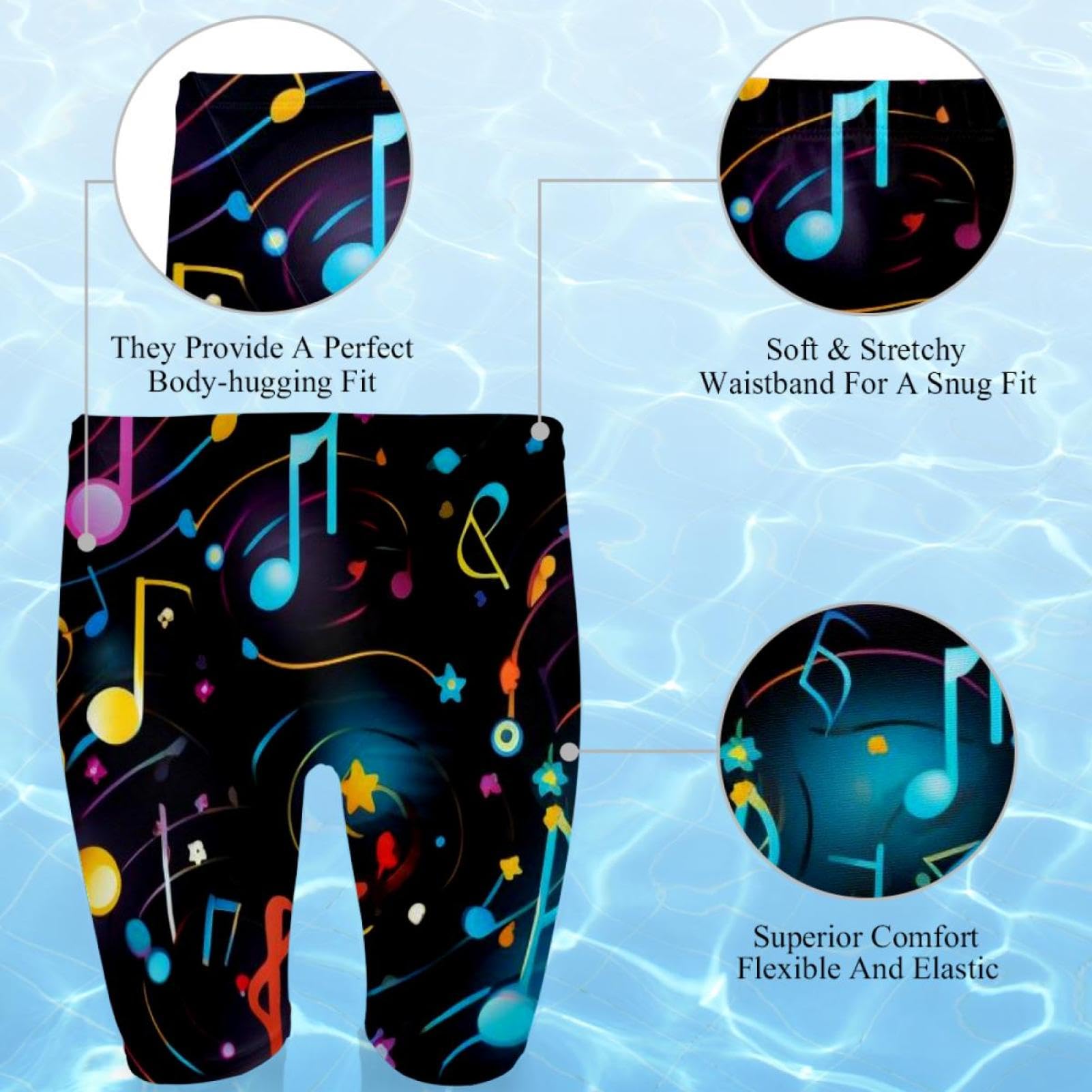 Colorful Music Notes Swimsuit for Men & Boys,Competition Lap Swim Suit, Square Leg Endurance Training