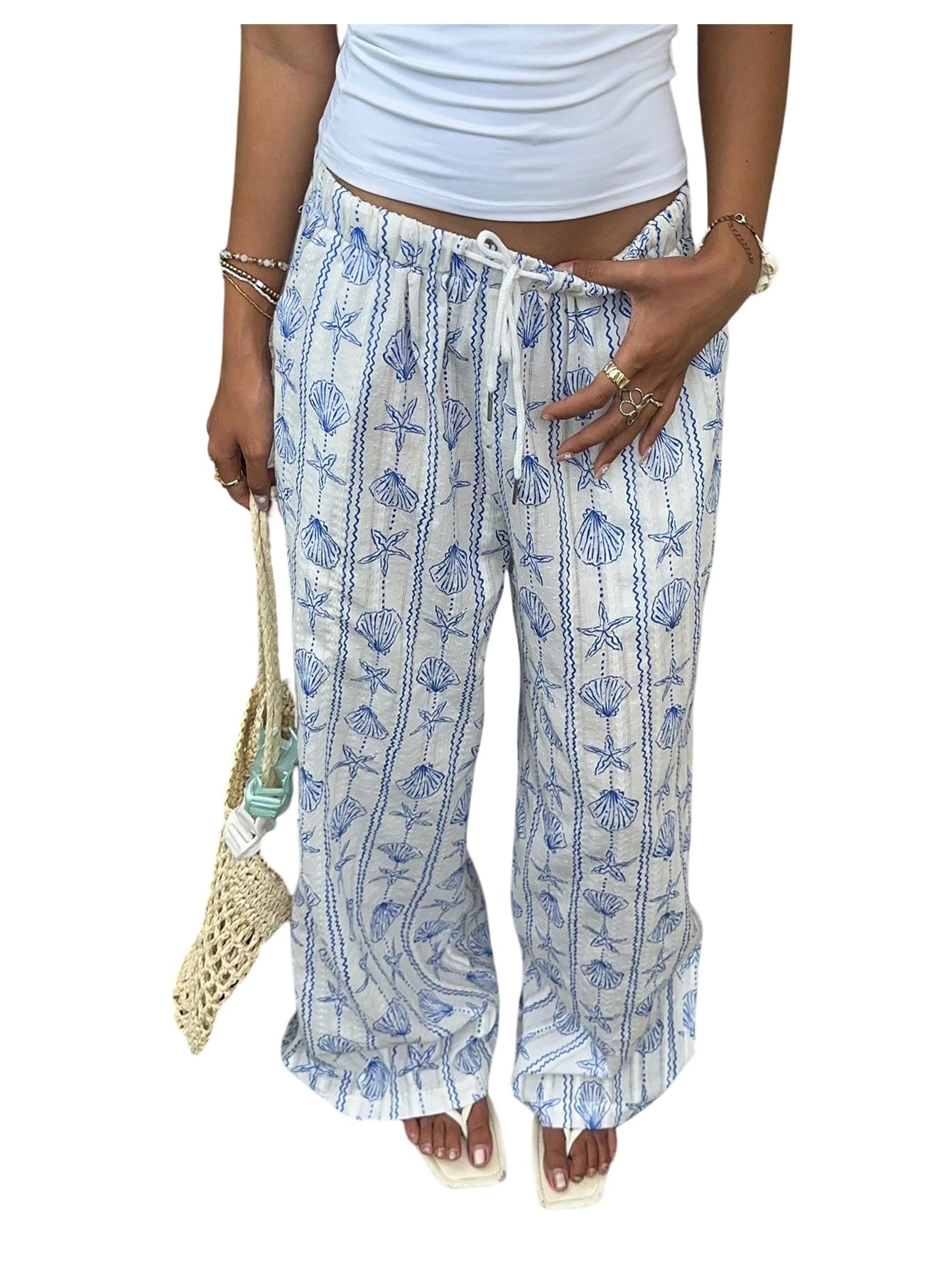 MakeMeChic Womens Pants Starfish Wide Leg Elastic Waist Tie Front Drawstring Boho Trousers