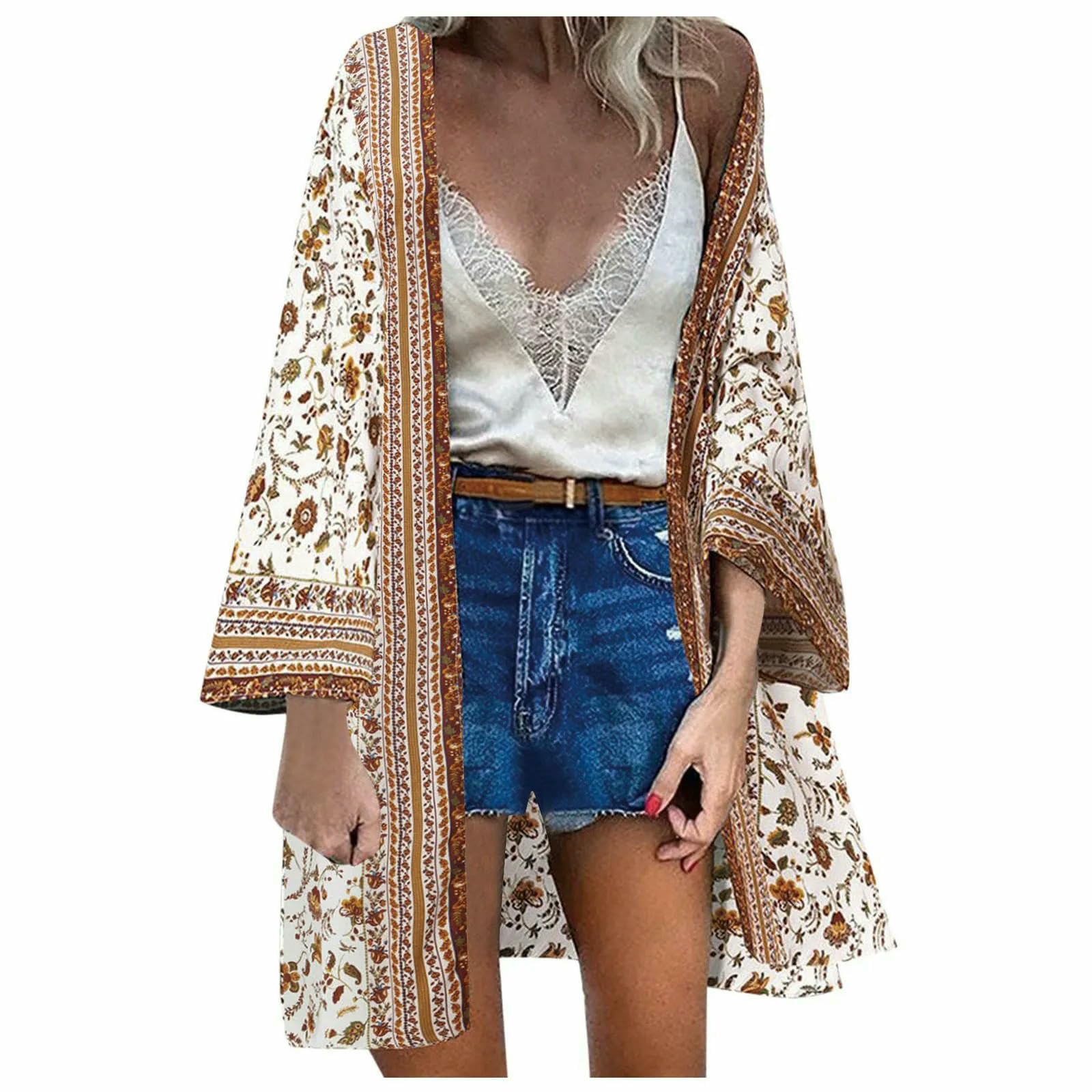Copricostume da Spiaggia Summer Vintage Boemian Style Cardigan Casual Bikini Coprono Femmina Plus Size Kimonos Cardigans-Beige-l