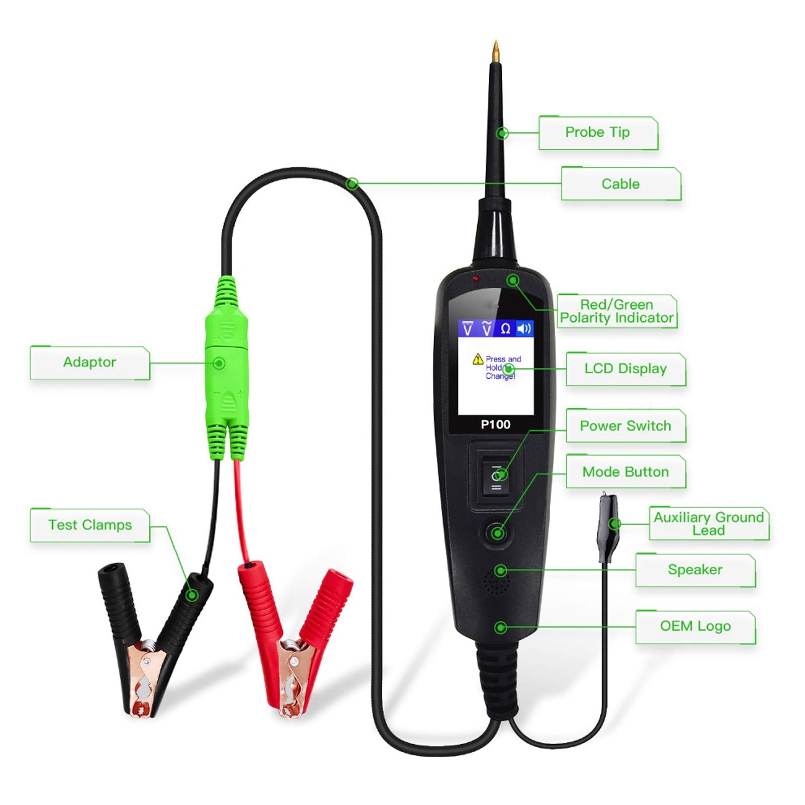 Probador de circuito eléctrico automotriz, sonda de potencia de prueba de voltaje multifuncional para automóviles y camiones con cable de extensión