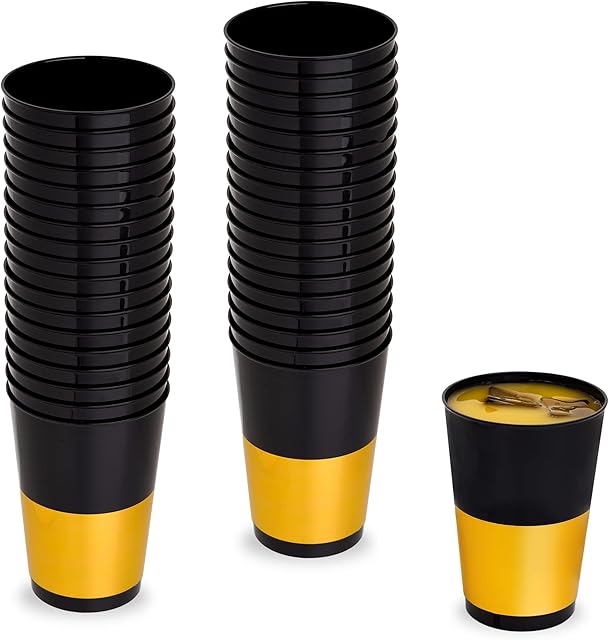 STACKABLES ~ Pack of 40 Black and Gold Plastic Party Cups ~ 12oz Elegant Party Glasses ~ Reusable Party Tumblers Set for Parties & Weddings