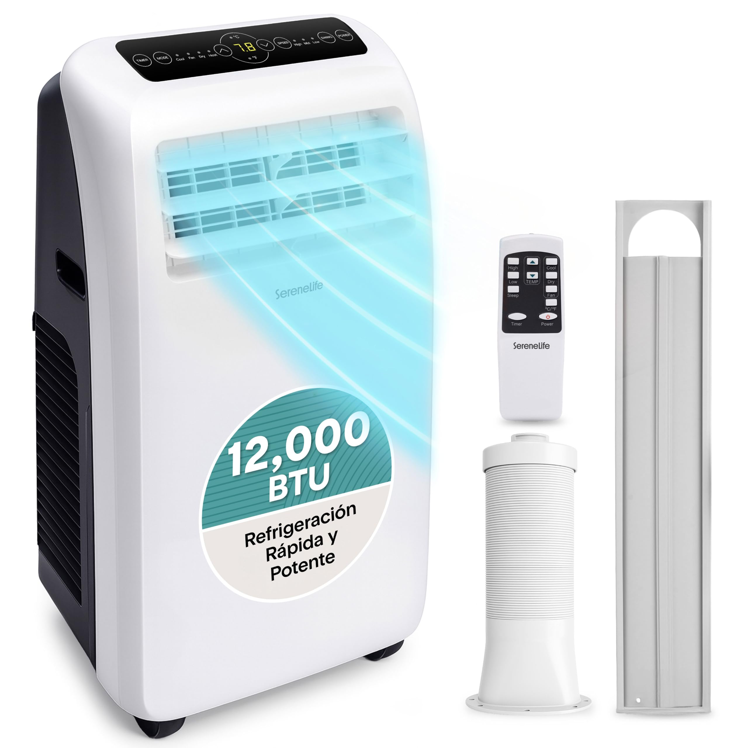 SereneLife Aire Acondicionado Portátil, 12.000 BTU, Móvil, Silencioso, Deshumidificador, Ventilador, Kit Escape Ventana, Mando a Distancia, Ideal para Casa y Oficina