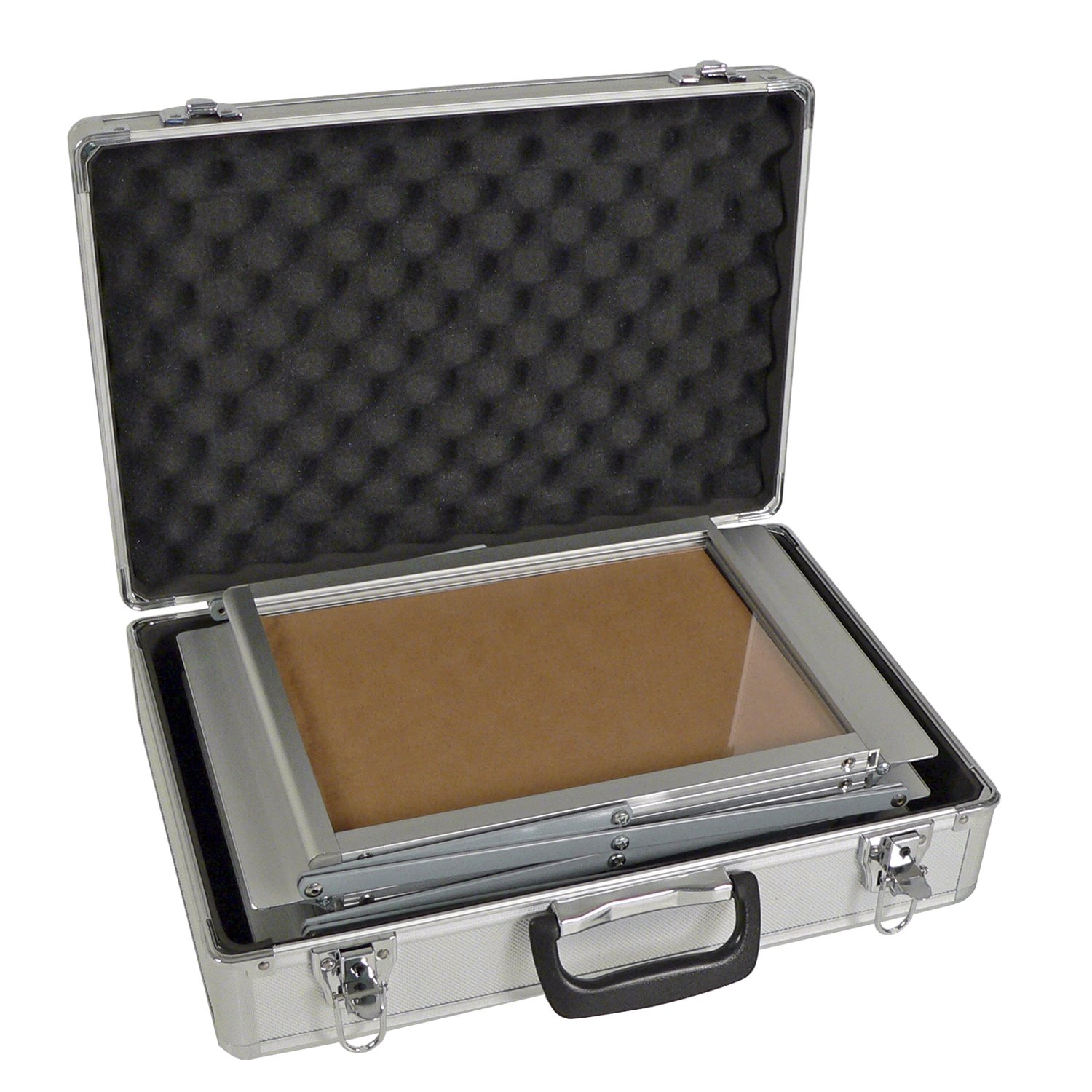 Prospektständer 6 x DIN A4 faltbar aus Aluminium und Acrylglas, inklusive Aluminium-Transportkoffer | Bodenprospektständer silber Hochformat | Prospekthalter platzsparend und stabil