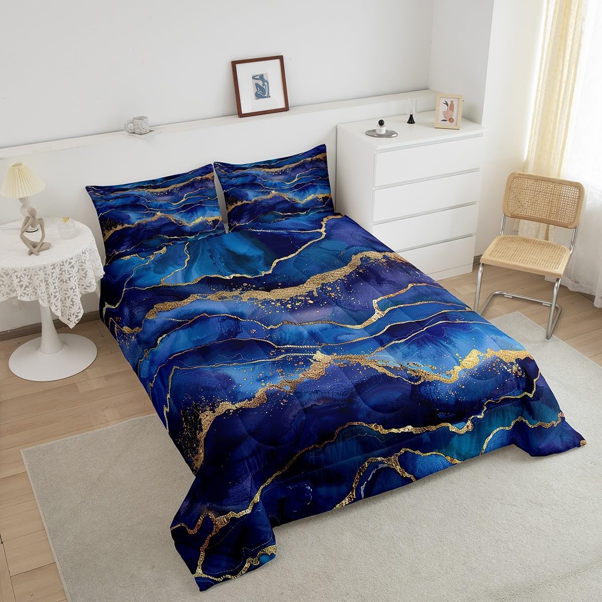 Gold Glitter Marbling Comforter Set - Marble Decor Duvet Insert - Bronzing Fluid Watercolor Blue Bedding Comforter Sets - 2 Pillow Cases