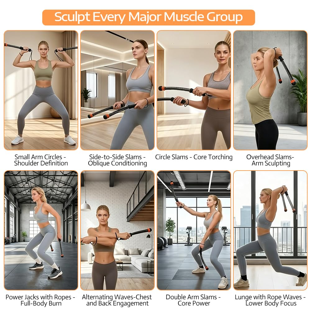 2 cuerdas de batalla sin cuerda para entrenamiento HIIT, cardio, fuerza y bajo impacto, equipo portátil de gimnasio en casa, mango antideslizante, cuerdas de batalla inalámbricas para hombres y