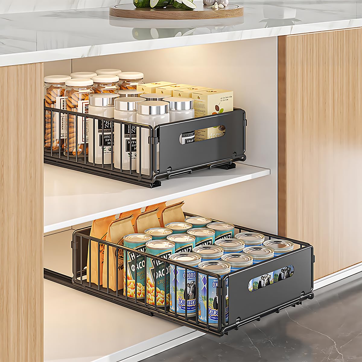 Hovoto Black 2Pcs Pull Out Cabinet Organiser Foldable, 2Pcs Pull Out Drawers For Kitchen Cupboards, Pull Out Shelf Kitchen Storage Drawer For Kitchen Cupboard, Bathroom, Black, 24.5 * 37.5 * 10Cm