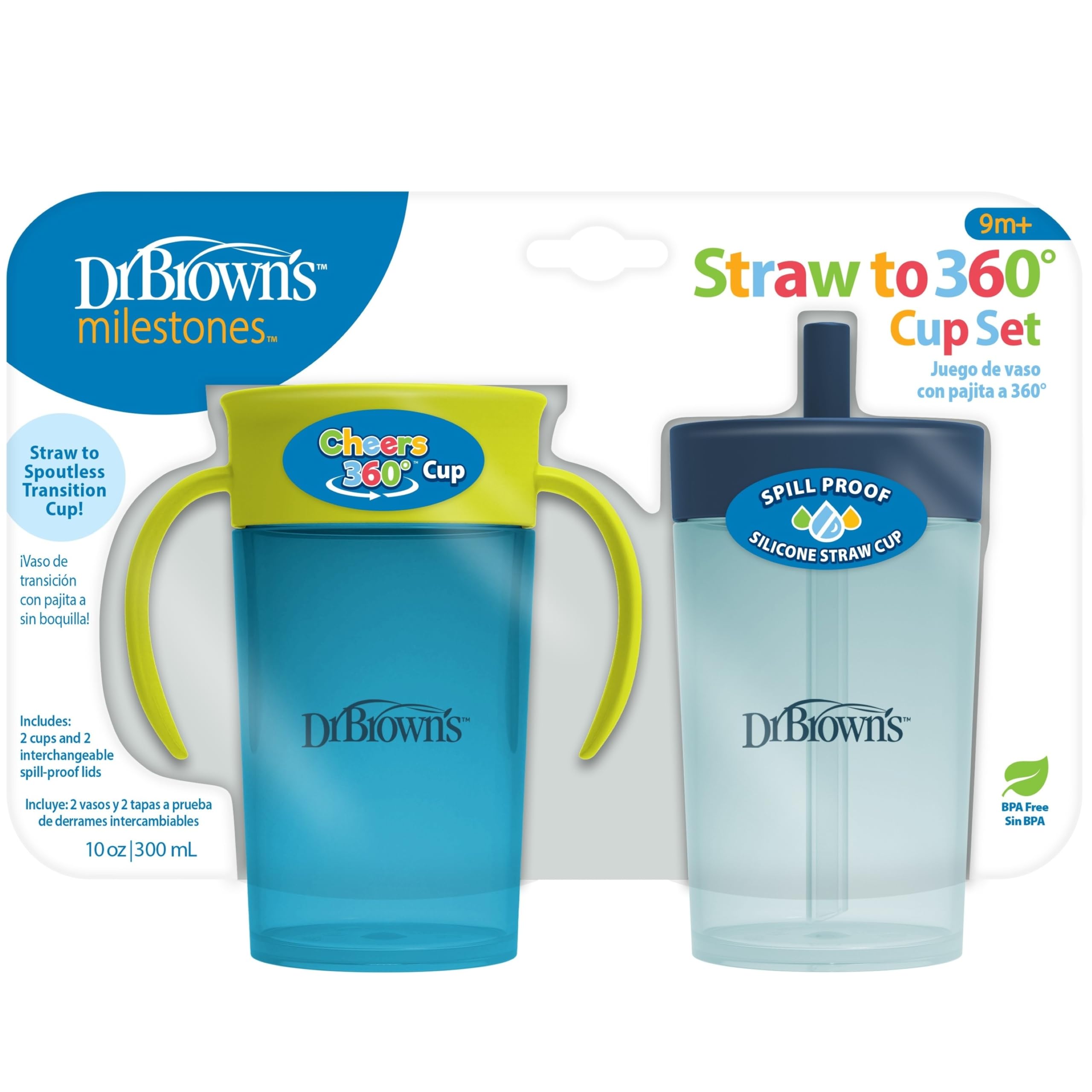 Dr. Brown's Milestones Straw to 360° Cup Set, Convertible Toddler Training Cup Set with Interchangeable Silicone Straw and 360 Degree Cup Lids, Blue Green, 10 oz/300 mL, BPA Free, 9m+, 2 Pack