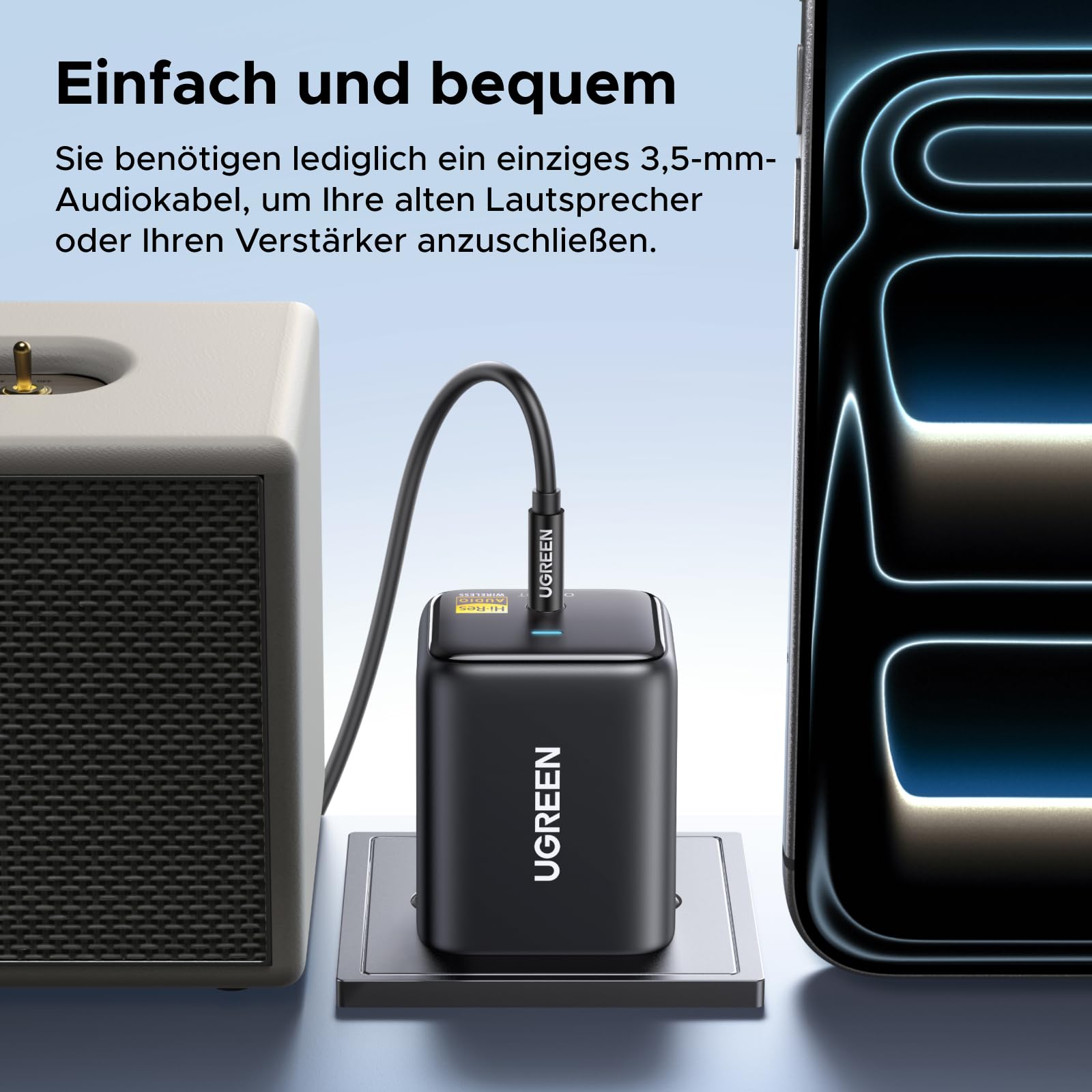 UGREEN Hi-Res Bluetooth 6.0 Adapter mit LDAC, Plug und Play Bluetooth Empfänger, 3,5 mm AUX Adapter für Stereoanlage, Verstärker und Lautsprecher, 10 m Reichweite mit geringer Latenz