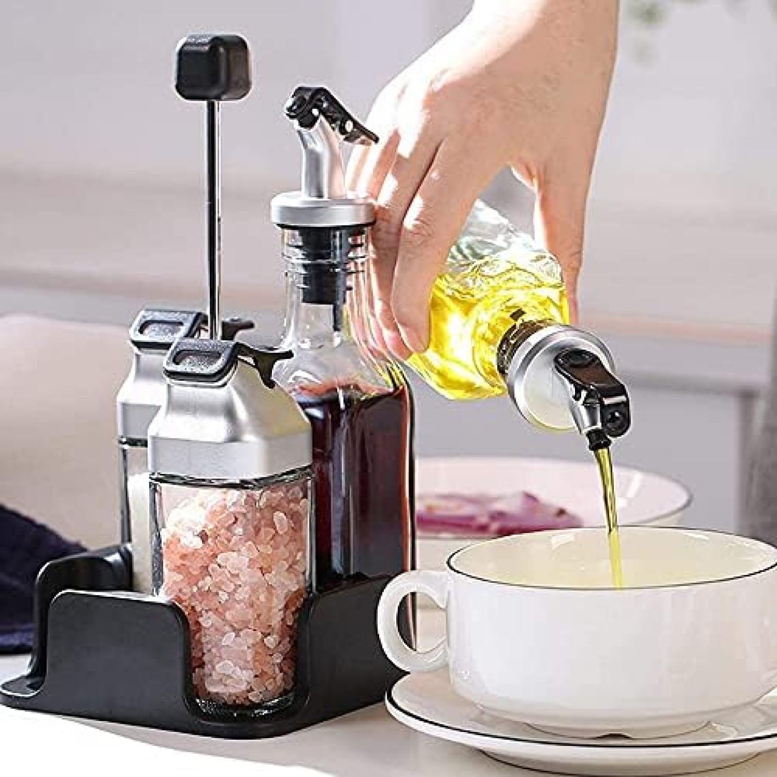 Juego De Dispensador De Aceite Y Vinagre De Sal Y Pimienta, Botella De Condimento Visible De Vidrio De 5 Piezas con Bandeja De Almacenamiento, Diseño De Tapa Giratoria,Bonny369