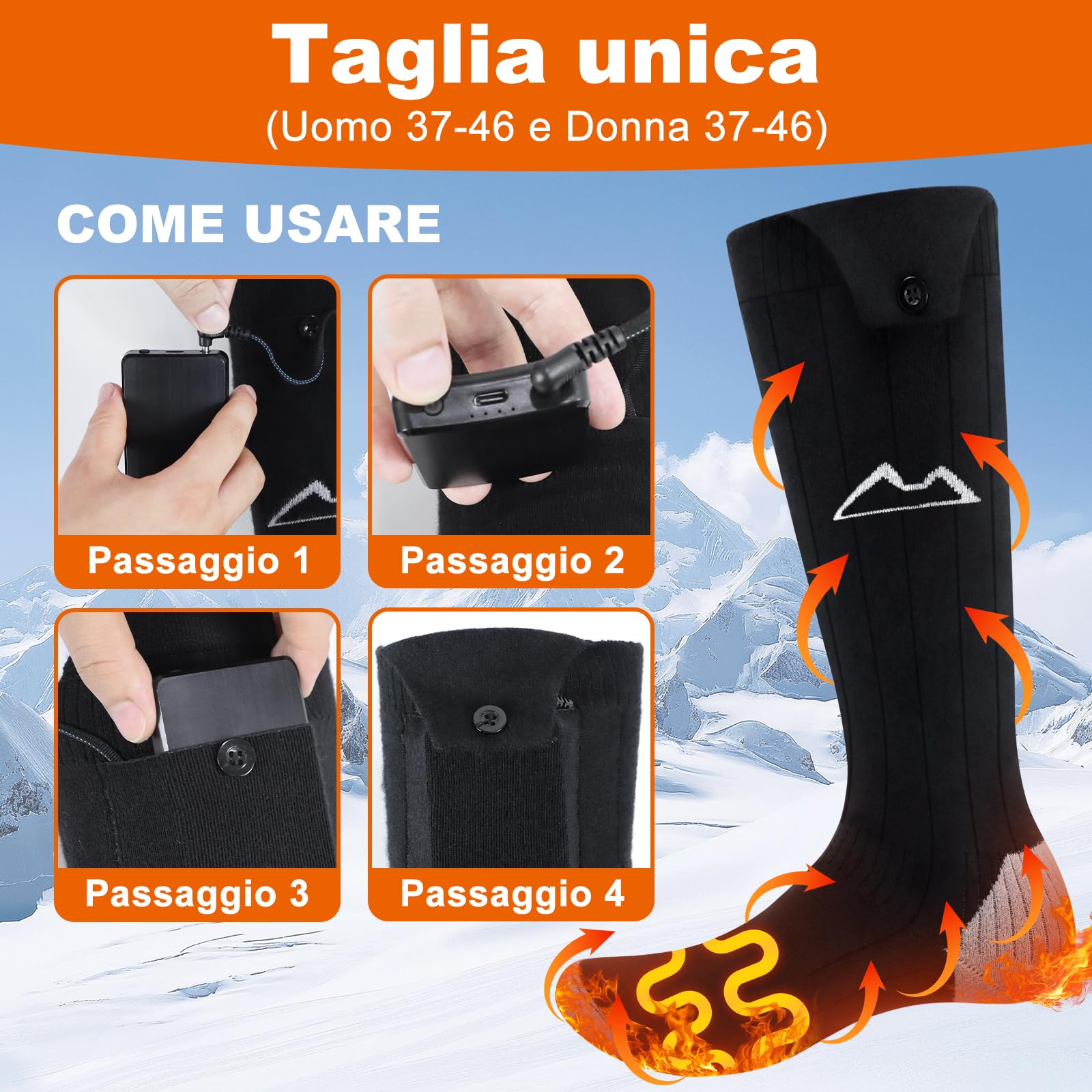 Calze Riscaldate A Batteria 2x5000mAh – 3 Livelli Di Temperatura (40-65°C), Lavabili, Unisex EU 37-53, Per Sci E Sport Invernali