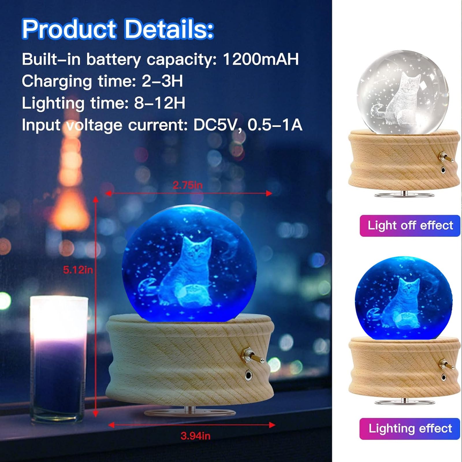 Boule De Cristal à Musique Rotative Sur Socle En Bois - Projection Lumineuse LED, 360°, Cristal K9 - Cadeau Romantique