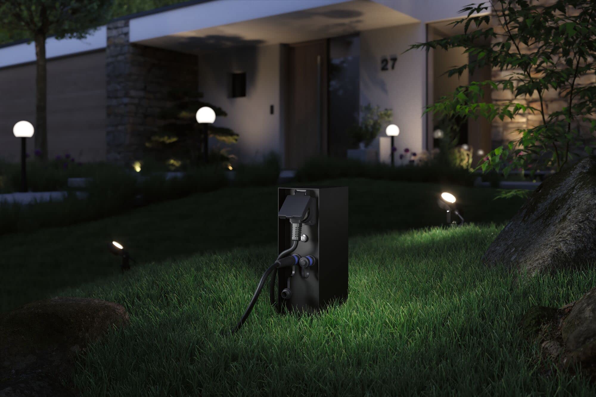 Paulmann 94701 Plug & Shine - Lámpara de exterior con sensor crepuscular, IP44, conectores 2 x 230 V, 2 x Plug & Shine 24 V