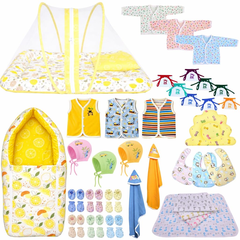 Kwitchy Newborn Baby Essentials Kit 39 Items Combo | New Born Kit 0–6 Months | Newborns Baby Set Clothes Bedding Bed Combo | Infant Essentials & Baby Shower Gift (Yellow)-image-7