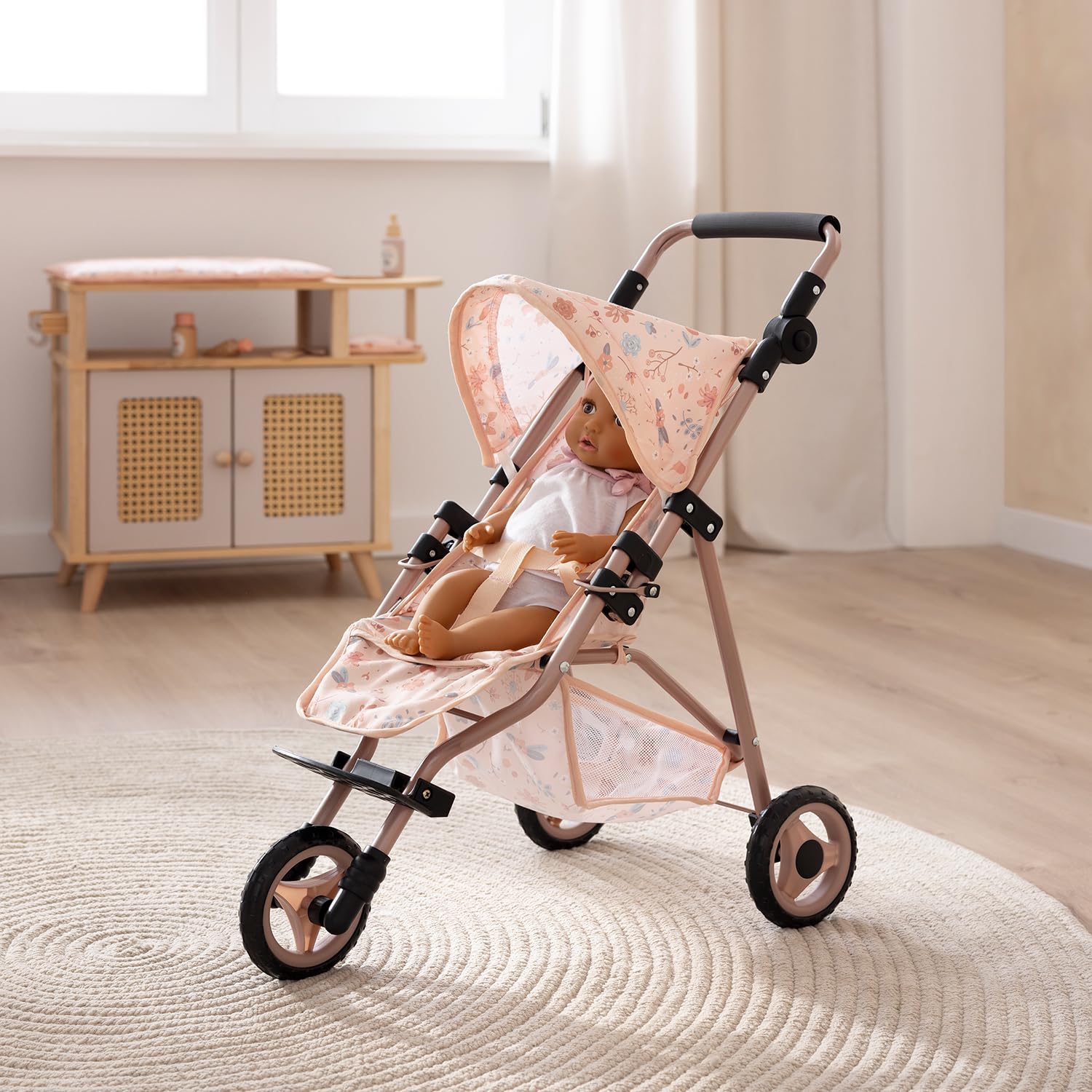 howa Puppenbuggy „miniflowers“ – eleganter Puppenwagen - Jogger für Puppen bis 50 cm, Puppenjogger mit höhenverstellbaren Schiebegriff 2260