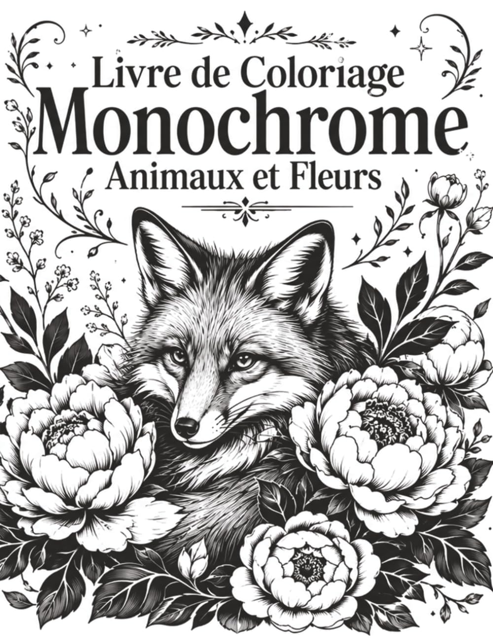Livre de Coloriage Monochrome Animaux et Fleurs: Pages créatives à faible stress avec chats, renards, lapins, oiseaux, fleurs champêtres et feuillages élégants