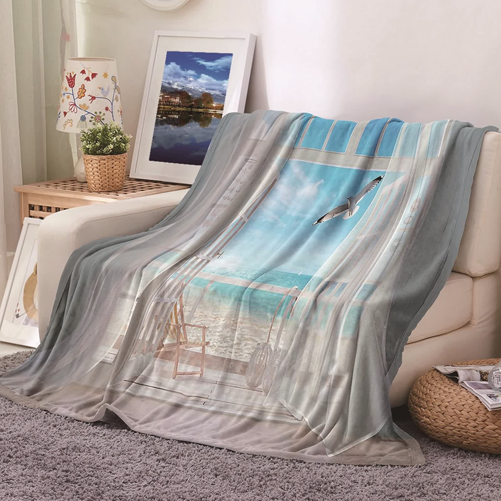 Couverture de lit flannel oiseau bleu pour balcon et canapé doux