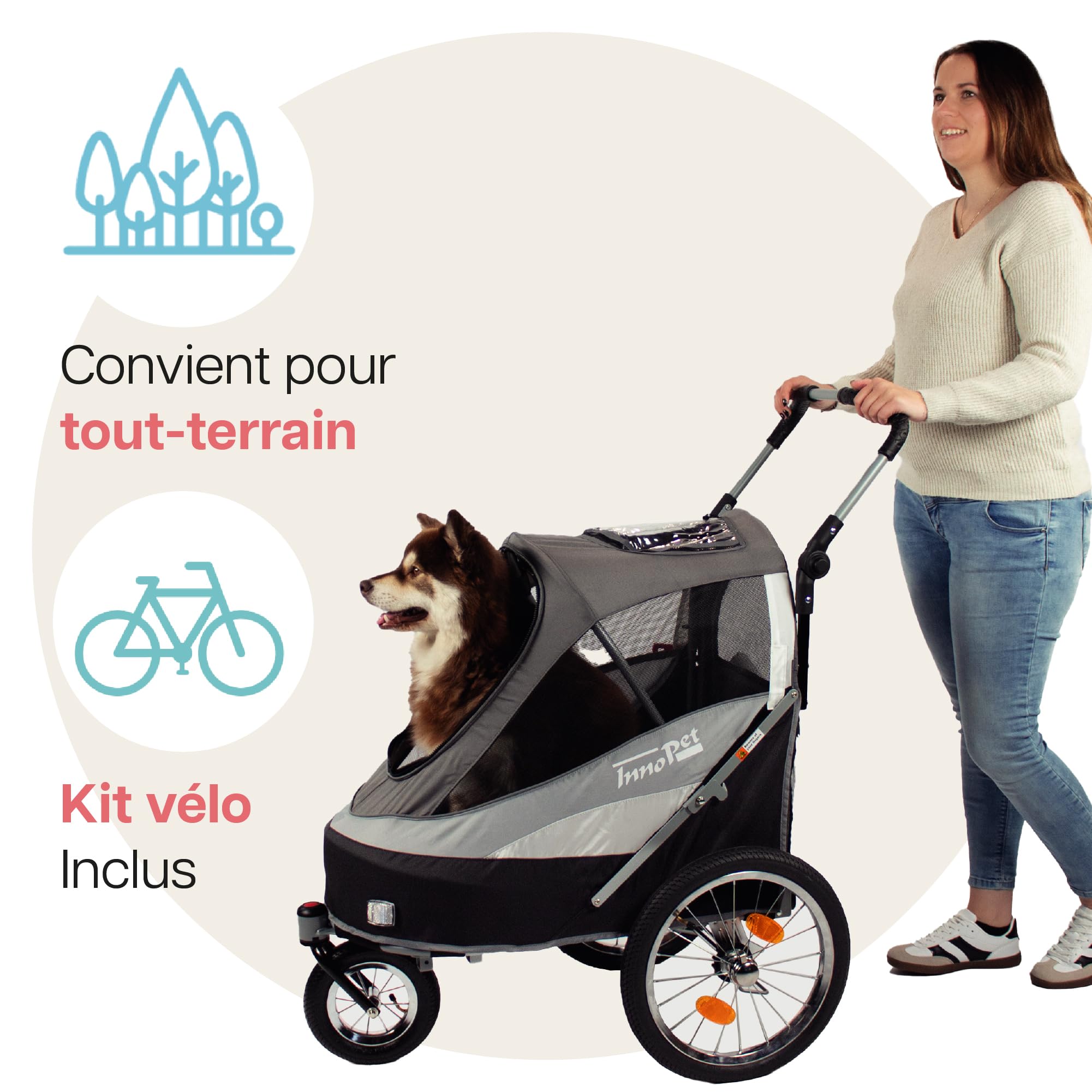 Innopet Sporty Dog Trailer Deluxe Noir/Argent - Poussette pour chien et remorque pour vélo 2 en 1 avec housse de pluie Capacité30 kg - Drapeau - Barre d'attelage et connecteur pour vélo