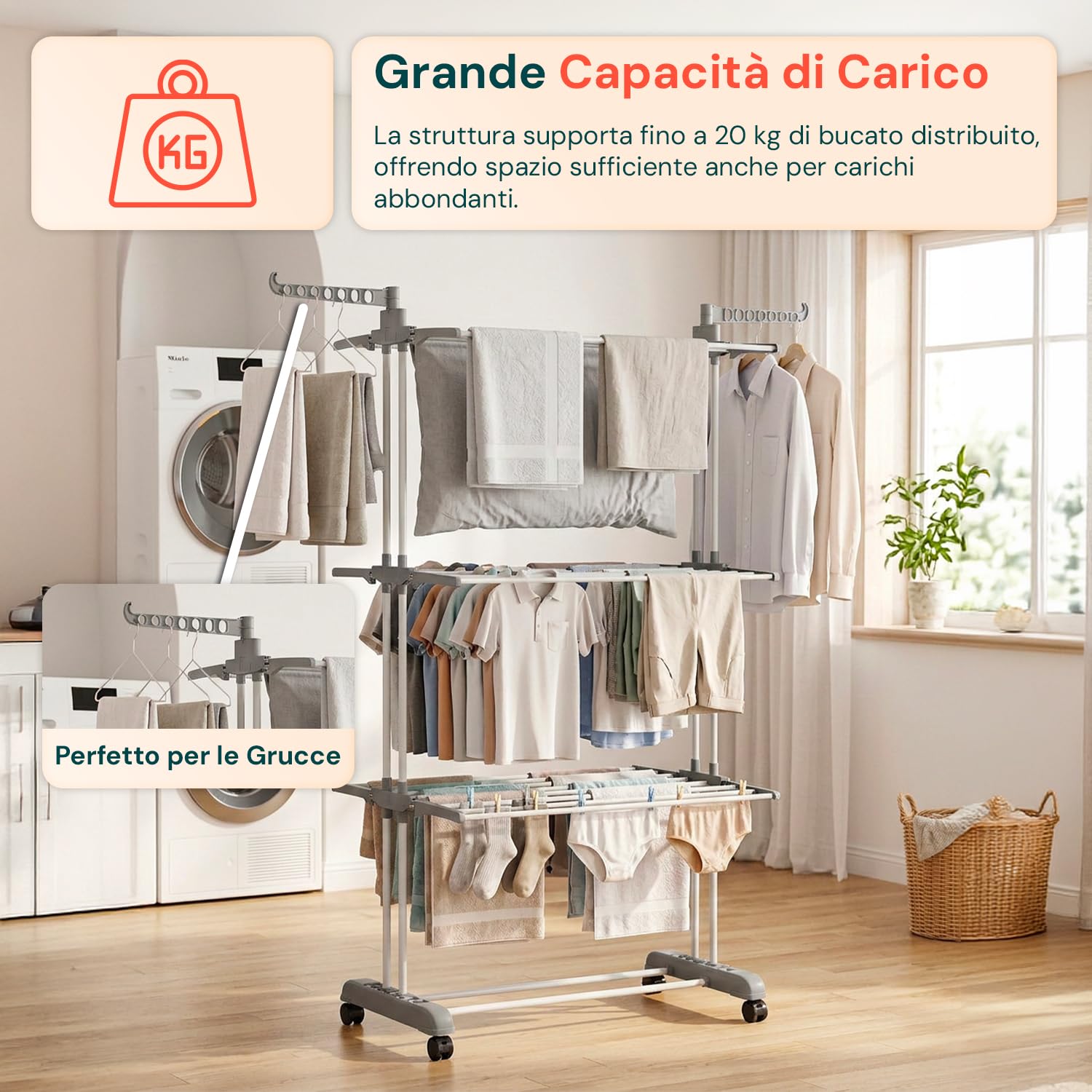 Avilia - Stendino Verticale 3 Livelli con Ruote Pivottanti – Stendibiancheria Verticale Salvaspazio PP+Ferro, 20 kg | Stendino Salvaspazio L105×P64×A173 cm, Bracci 29 cm (Grigio Scuro)