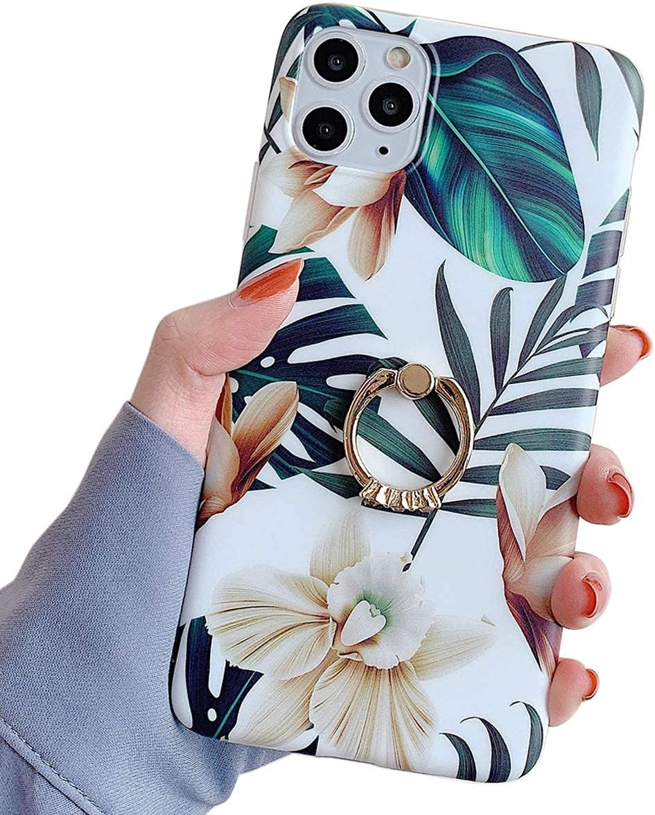 Qokey Compatible with iPhone 11 Case,Floral Case Cute Clear for Men Women Girls with 360 Degree Rotating Ring Kickstand Soft TPU Shockproof Cover Designed for iPhone 11 6.1 Inch Leaf White Flower