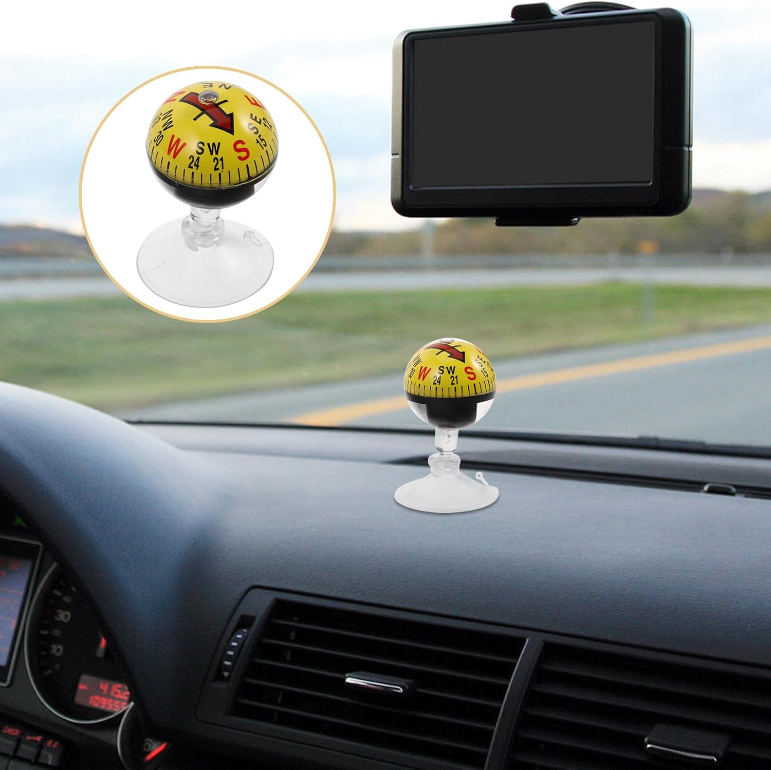 Portable 38mm Suction Cup Car Compass Plastic Vehicle Dashboard Compass for Outdoor Navigation Marine and Automobile Use Yellow Guide Ball