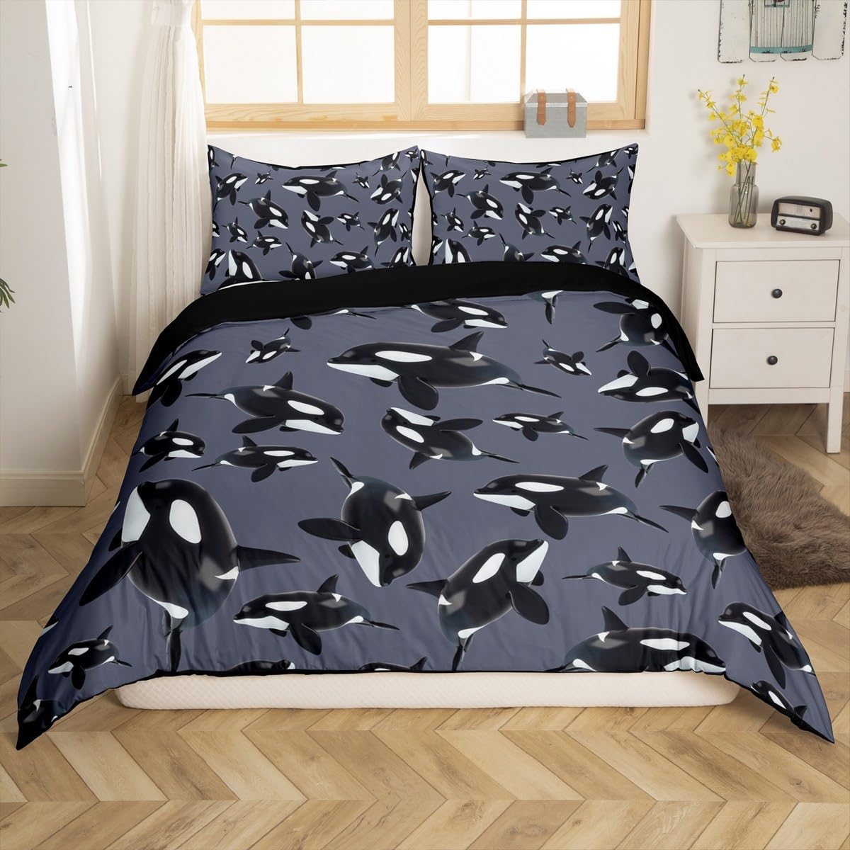 Erosebridal Cartoon Dolphin Bedding Set Toddler Ocean Animal Comforter Cover for Kids Boys Girls Room Decor,Coastal Sea Wildlife Duvet Cover Cute Underwater World Bed Set Navy Blue