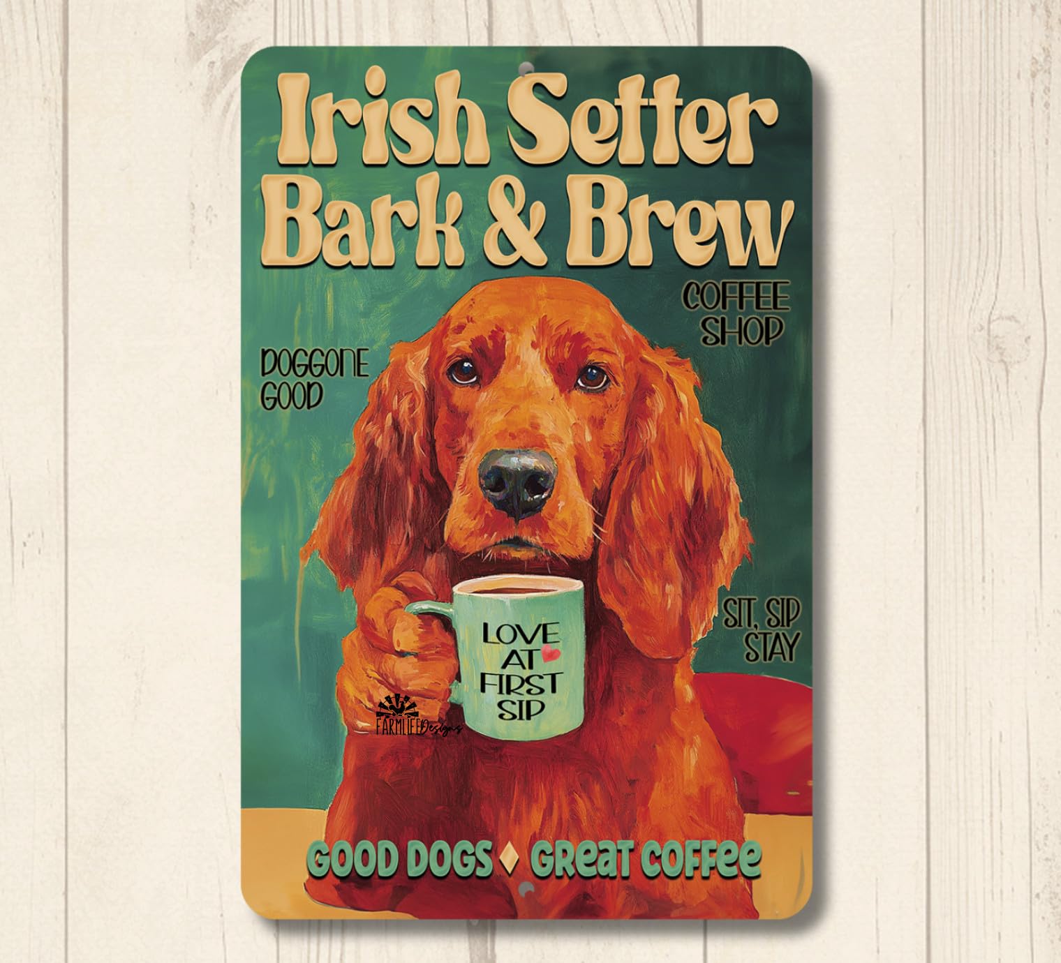 Irish Setter Dog Coffee Bar Sign Bark & Brew kitchen funny red decor metal tin home decor