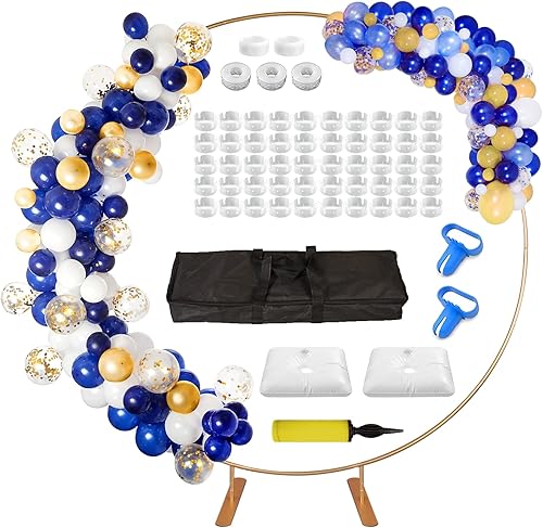 JEAWIWI Kit de arco de globos redondos de 6.6ft con base ampliada, soporte de fondo redondo dorado de 6.6 pies, arco de globos circular con bolsas