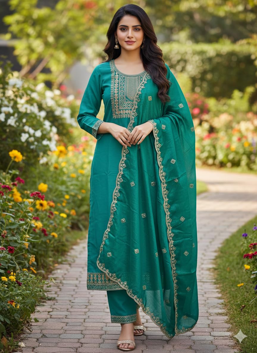 Embroidered Kurta Set with Dupatta, Traditional Indian Ethnic Wear, Sequin Work