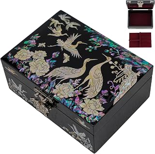 February Mountain Elegant Mother of Pearl Jewelry Organizer Box with Mirror Lid - Gifts for women birthday unique Anniversary Christams and Special Occasions (Crane)