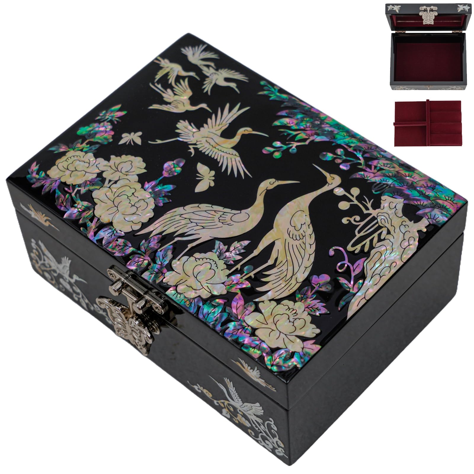 February Mountain Mother of Pearl Jewellery Box with Ring Tray - Gifts for Women Birthday Wedding Mother's Day Christmas Graduation Gifts (Crane)