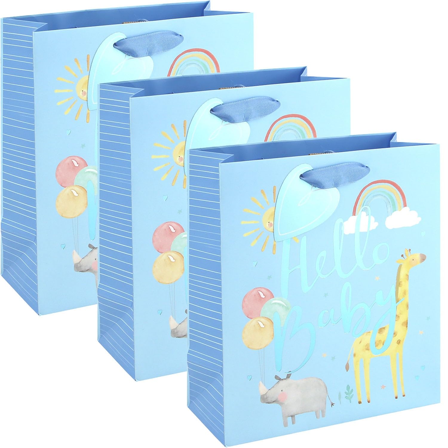 Eurowrap Hello Baby Boy Blue Medium Gift Bags Pack of 3 with Foil Detail, Ribbon Handles and Gift Tags, Baby Shower Supplies and Newborn Gifts