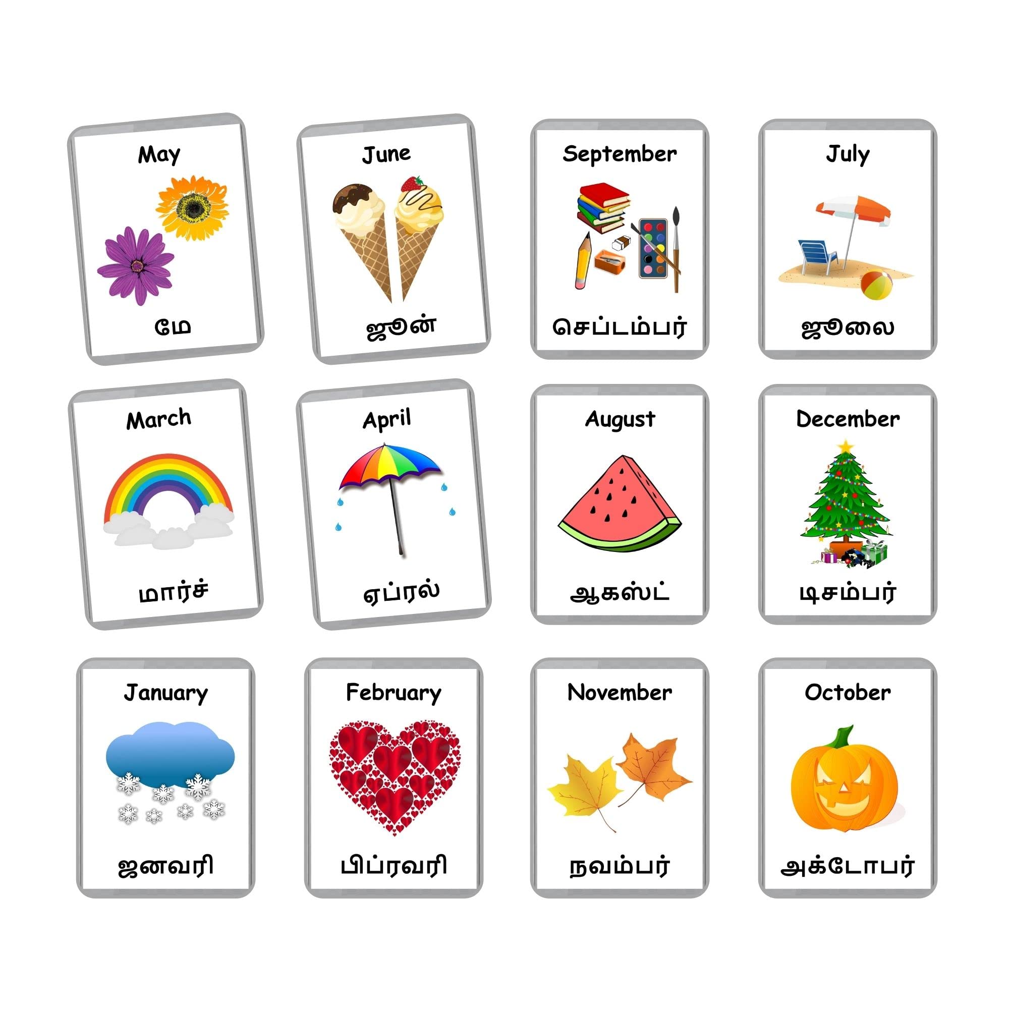 Tamil English Bilingual Flash Cards | Montessori Cards | Laminated Flash Cards | Early Education (Months - 12 Cards) (B09YLCTCC4) Amazon Price History, Amazon Price Tracker