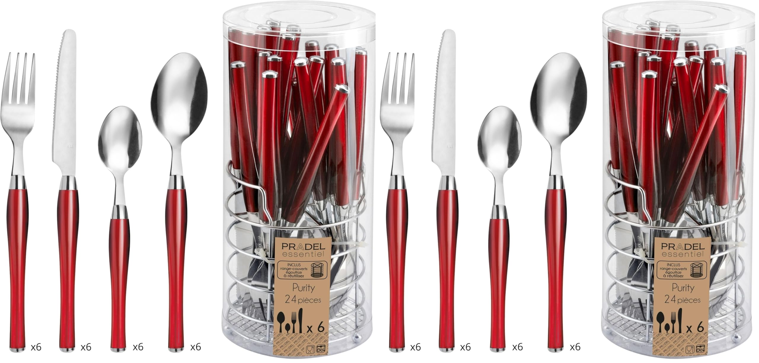 Ménagère 24 couverts avec panier rouge Purity pour repas de famille et barbecues en terrasse