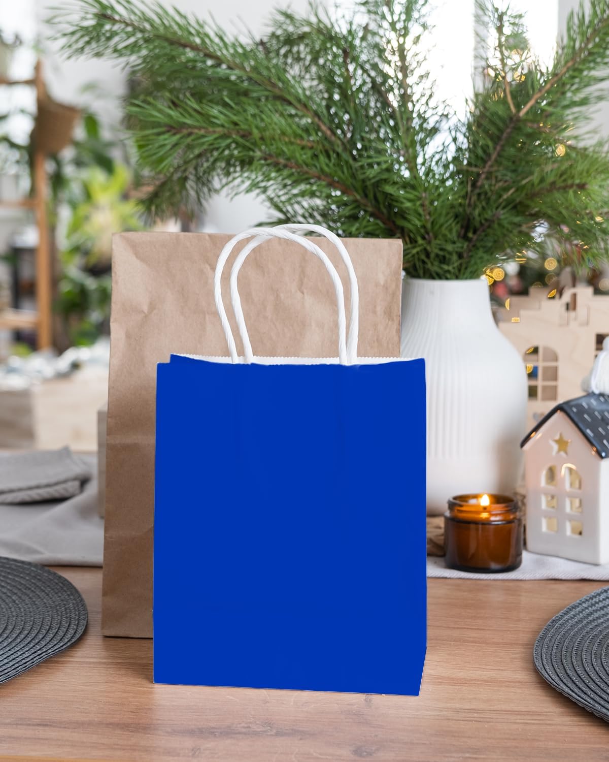 qiqee 100PCS Gift Bag with Handles Bulk Diamond Blue Paper Bags Multiple Uses (8.3"x3"x6"inch Small Size)